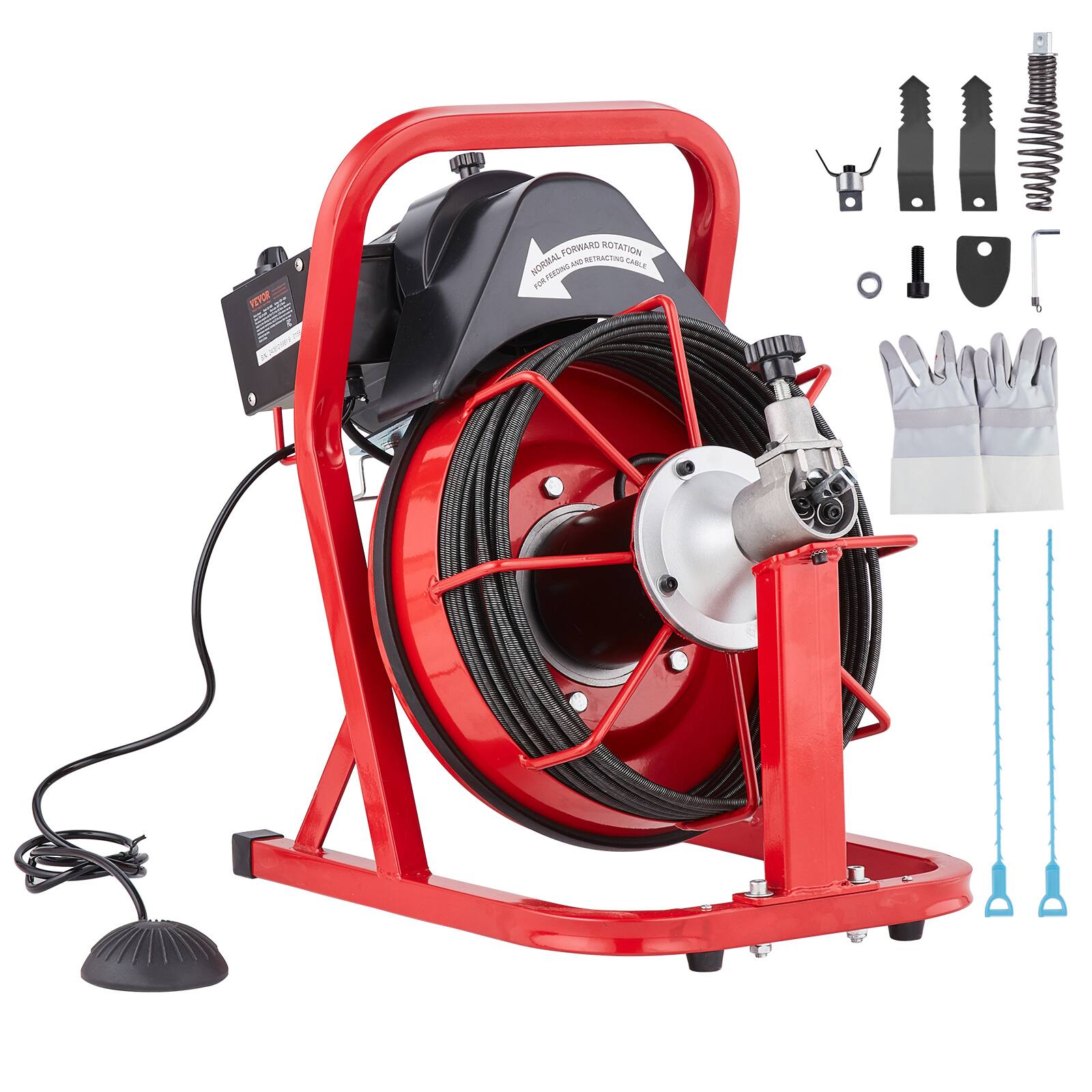 VEVOR - Drain Cleaner Machine 50FT x 3/10 Inch, Auto Feed Sewer Snake Auger, with Air-activated Foot Switch for 2" to 4" Pipes - Red