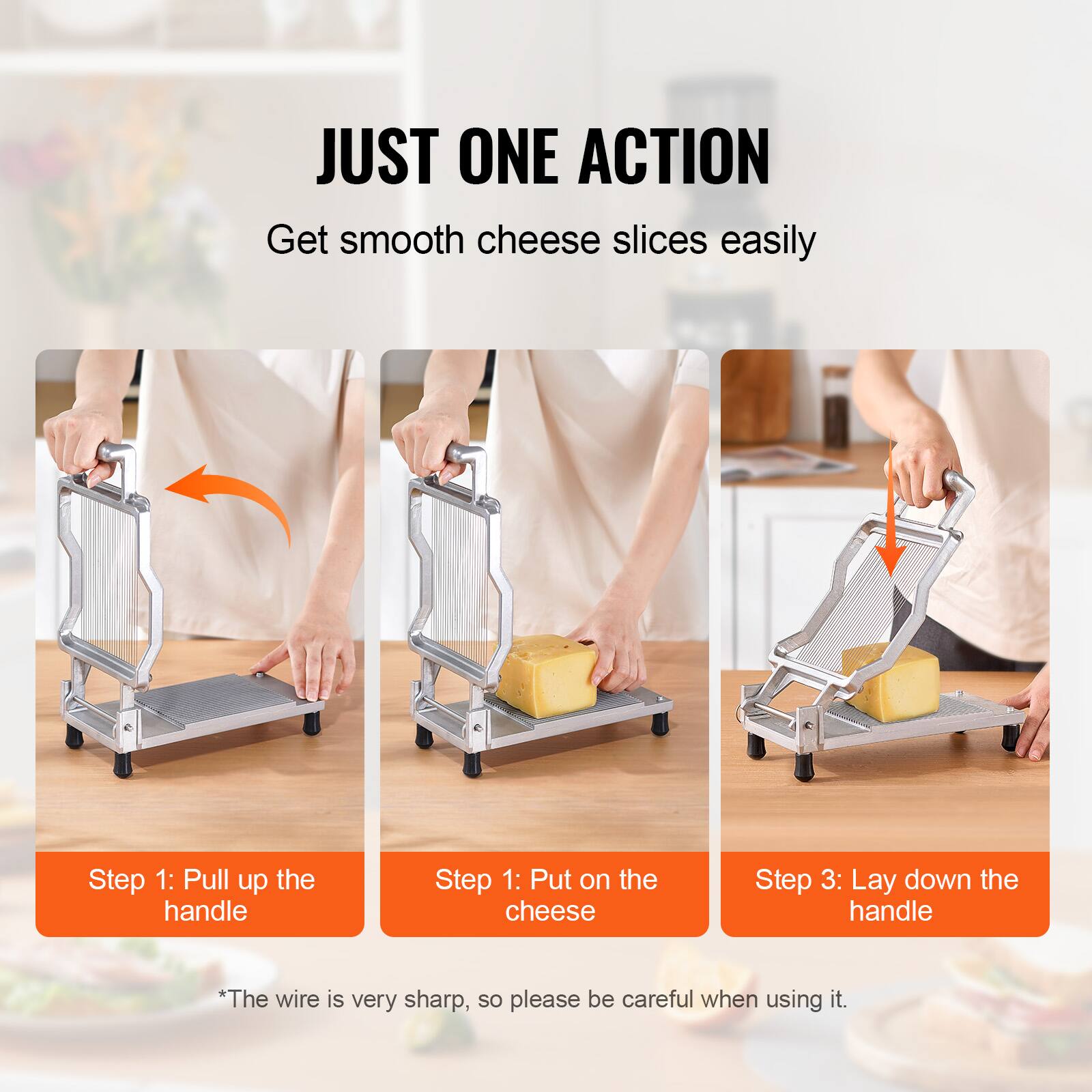 JUST ONE ACTION  
Get smooth cheese slices easily  

Step 1: Pull up the handle  
Step 2: Put on the cheese  
Step 3: Lay down the handle  

*The wire is very sharp, so please be careful when using it.