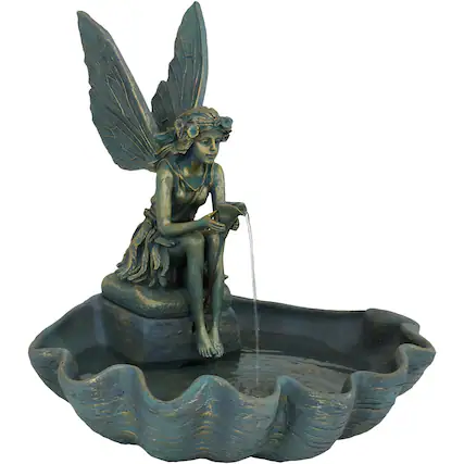 Front. Sunnydaze - Fiberglas Fairy Shell Outdoor Water Fountain - 30 in - Bronze.