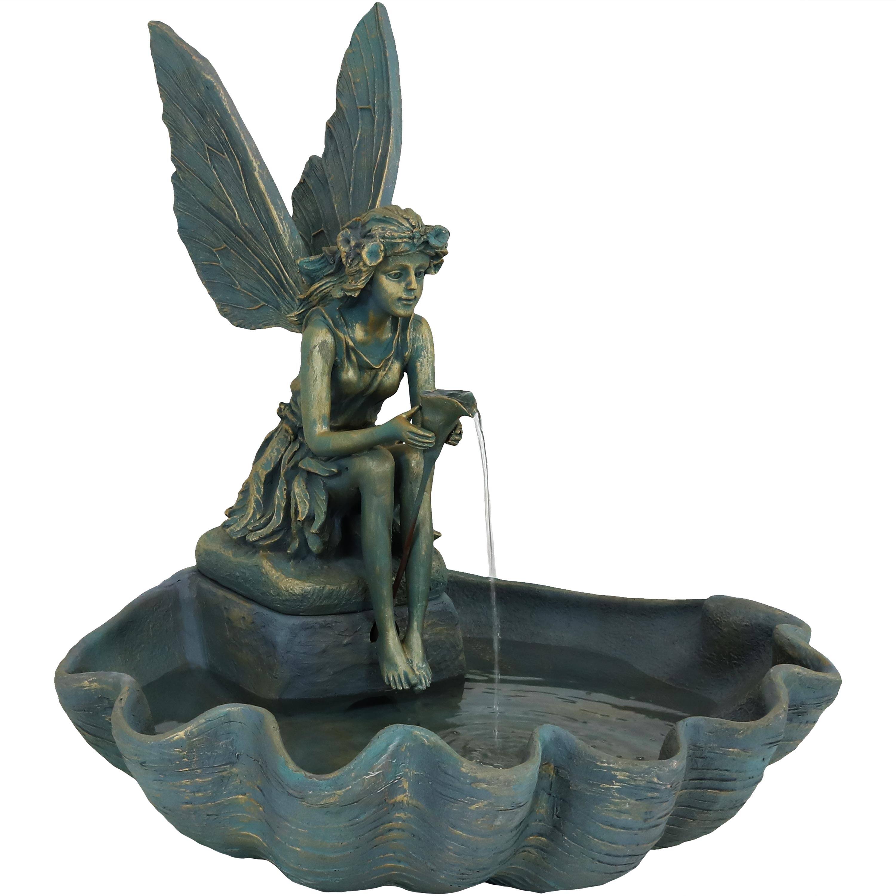 Front. Sunnydaze - Fiberglas Fairy Shell Outdoor Water Fountain - 30 in - Bronze.