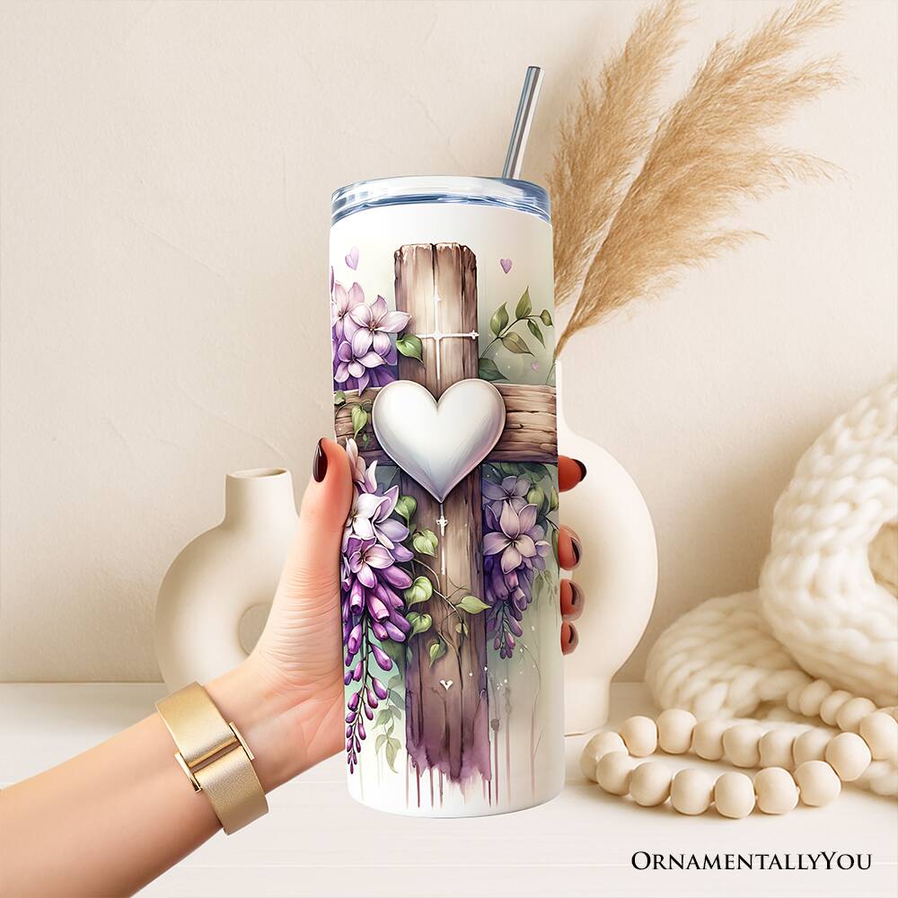 Left. OrnamentallyYou - Christian Purple Wisteria Cross 20oz Tumbler With Stainless Steel Straw - Multicolored.