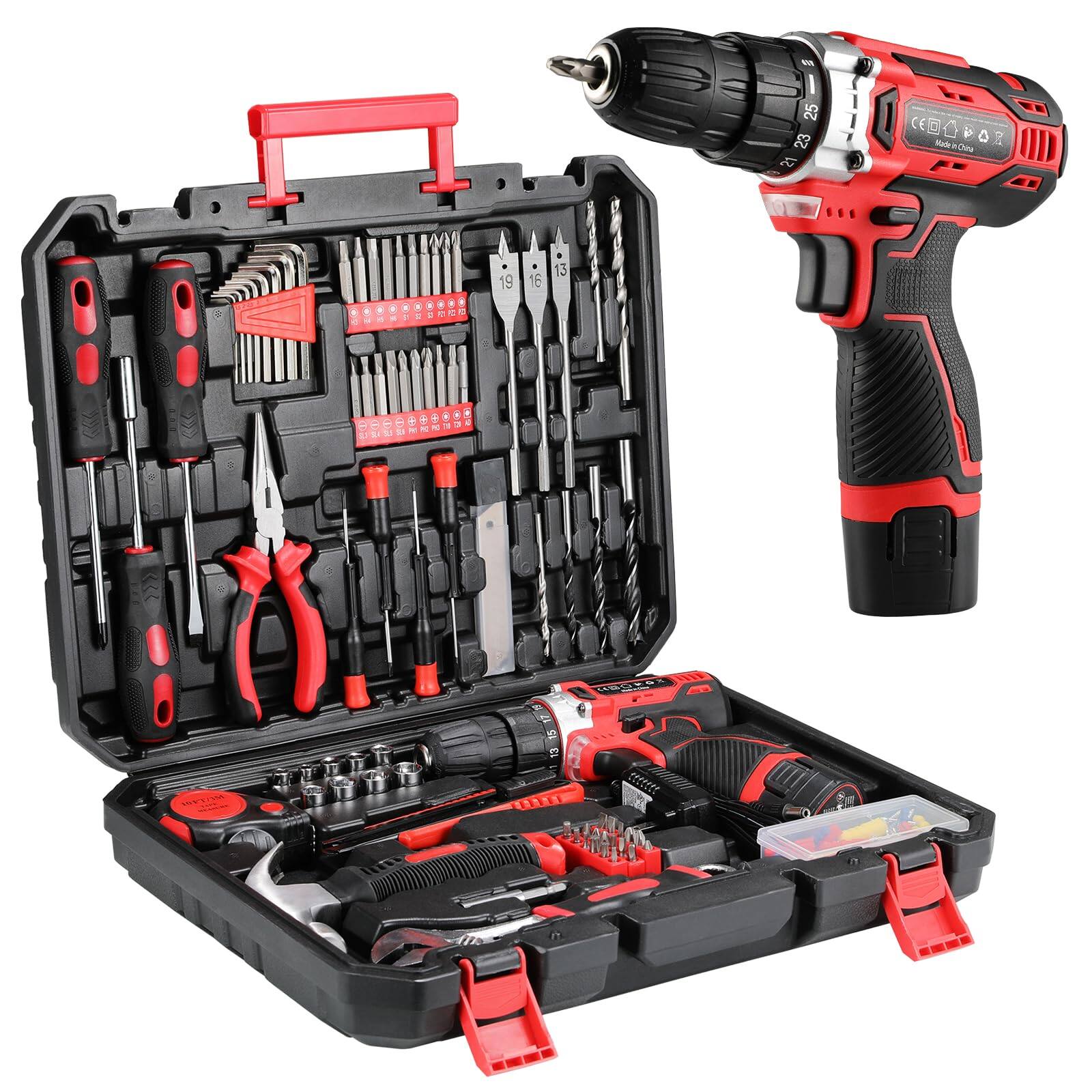 JETRANSPORT - 138 Tool Set With 12v Cordless Drill -power Hand Kit Magnetic Bit 2-speed Control & Fast Charging Home - Red