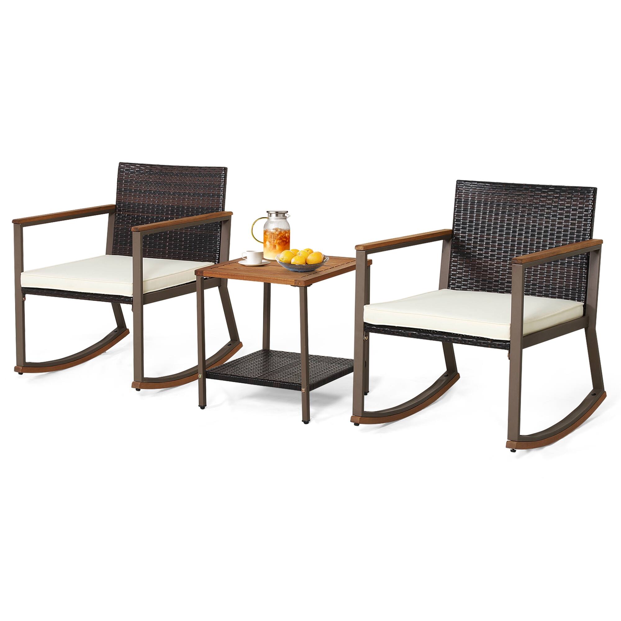 Alt View 9. Costway - Costway 3PCS Patio Rattan Rocking Chair Bistro Set Armrest Cushion Table with Storage Shelf Off - Mix Brown+Off White.