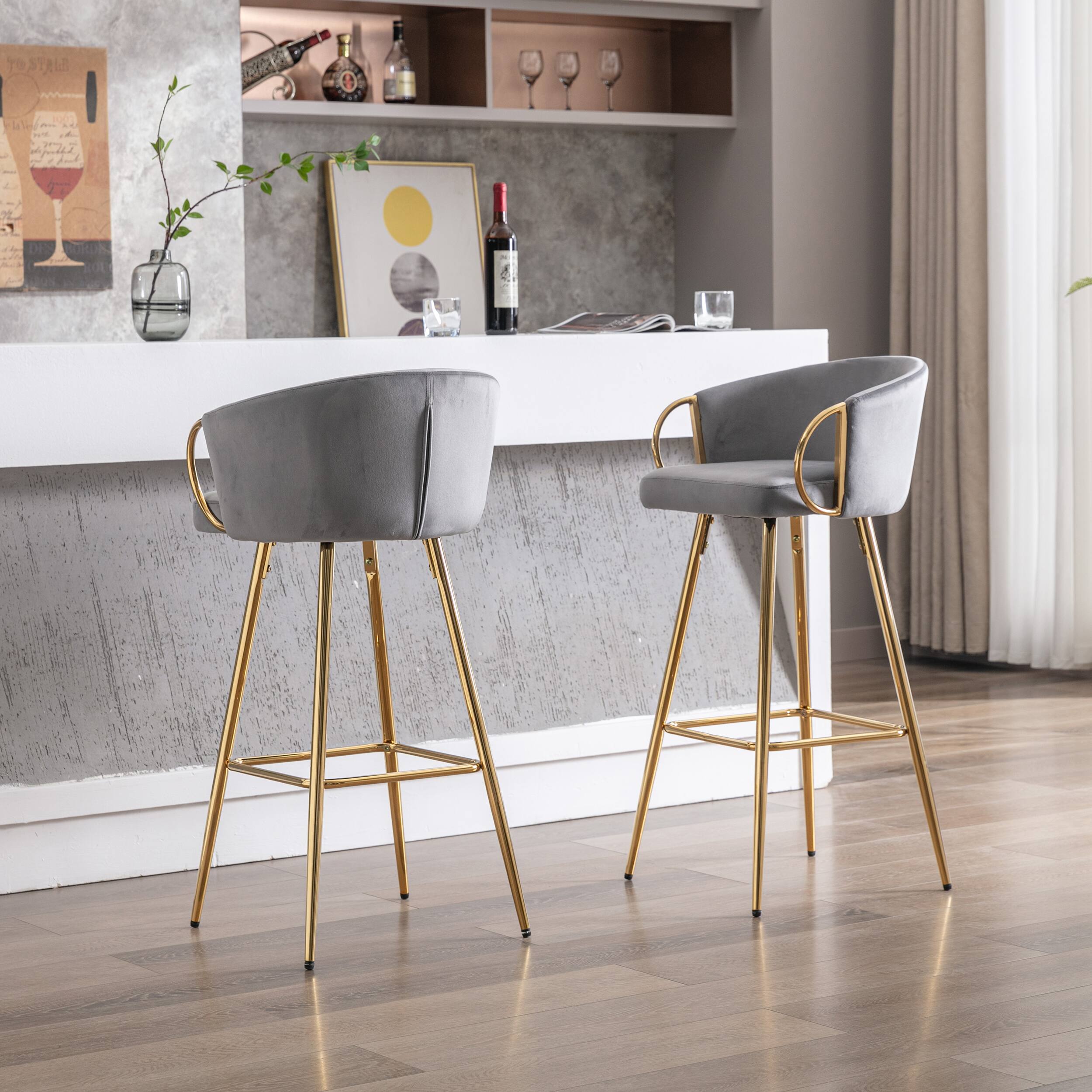 Alt View 4. APRILSOUL - 30 Inch Set of 2 Bar Stools Chrome Footrest Base Velvet Golden Leg Simple GRAY - Gray.
