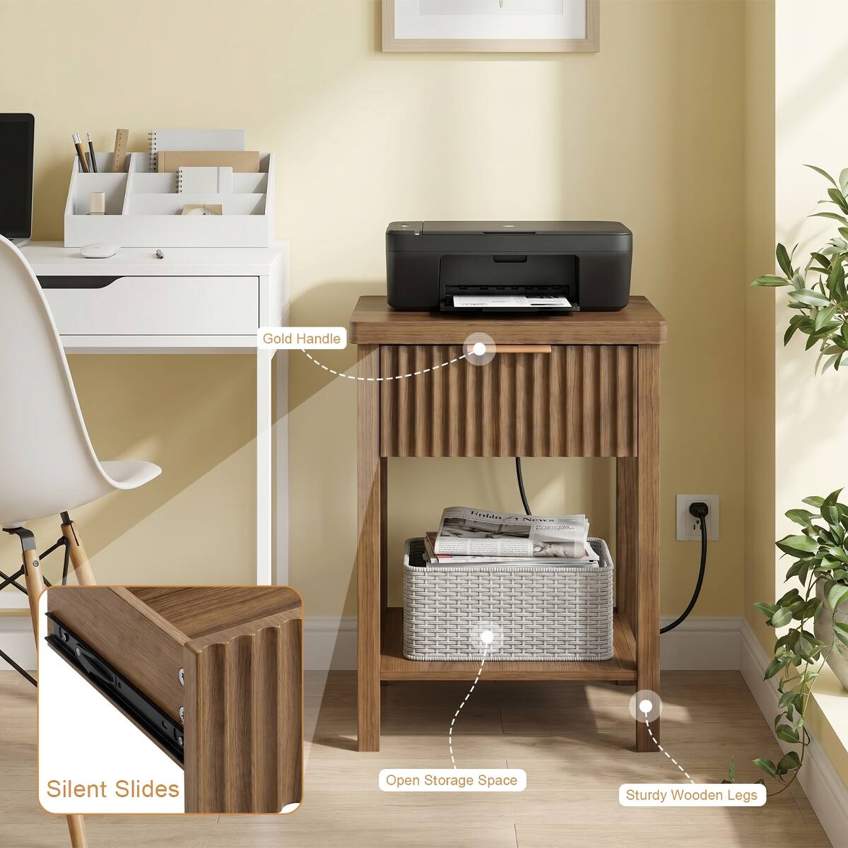 Gold Handle  
Knido News  
-  
Silent Slides  
Open Storage Space  
Sturdy Wooden Legs