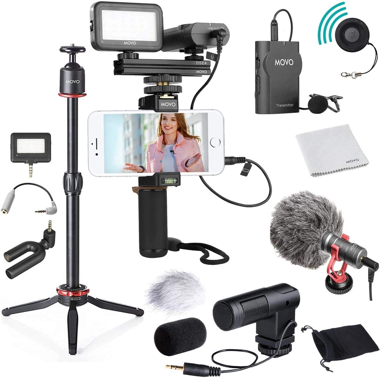 MOVO - V8 Huge Vlogging Kit for iPhone with Tripod, Grip, Microphones, LED Lights, and Wireless Remote