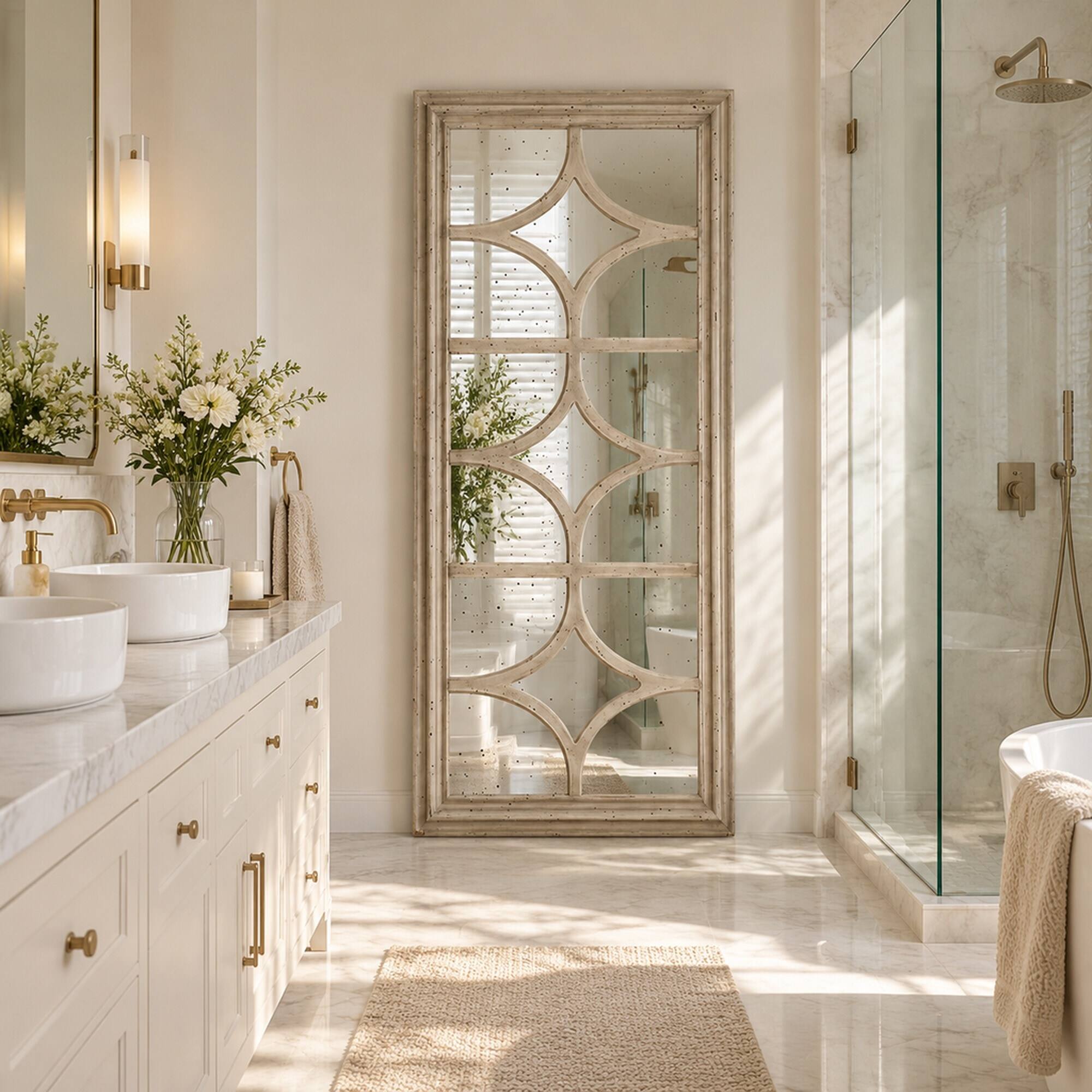 RYHNUYNE 28 x 59 in Rectangular Wall Mirror, Distressed White Frame ...