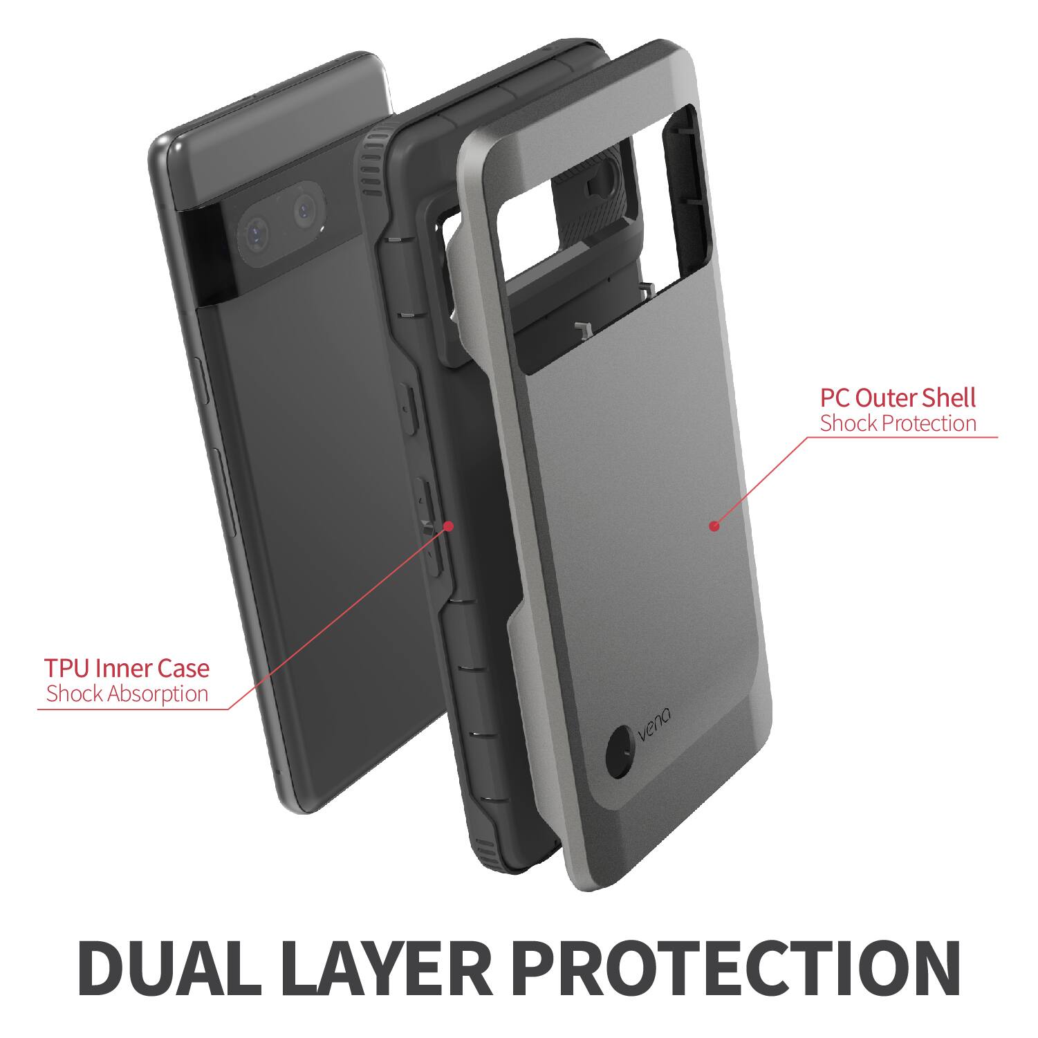 DUAL LAYER PROTECTION
PC Outer Shell Shock Protection
TPU Inner Case Shock Absorption
