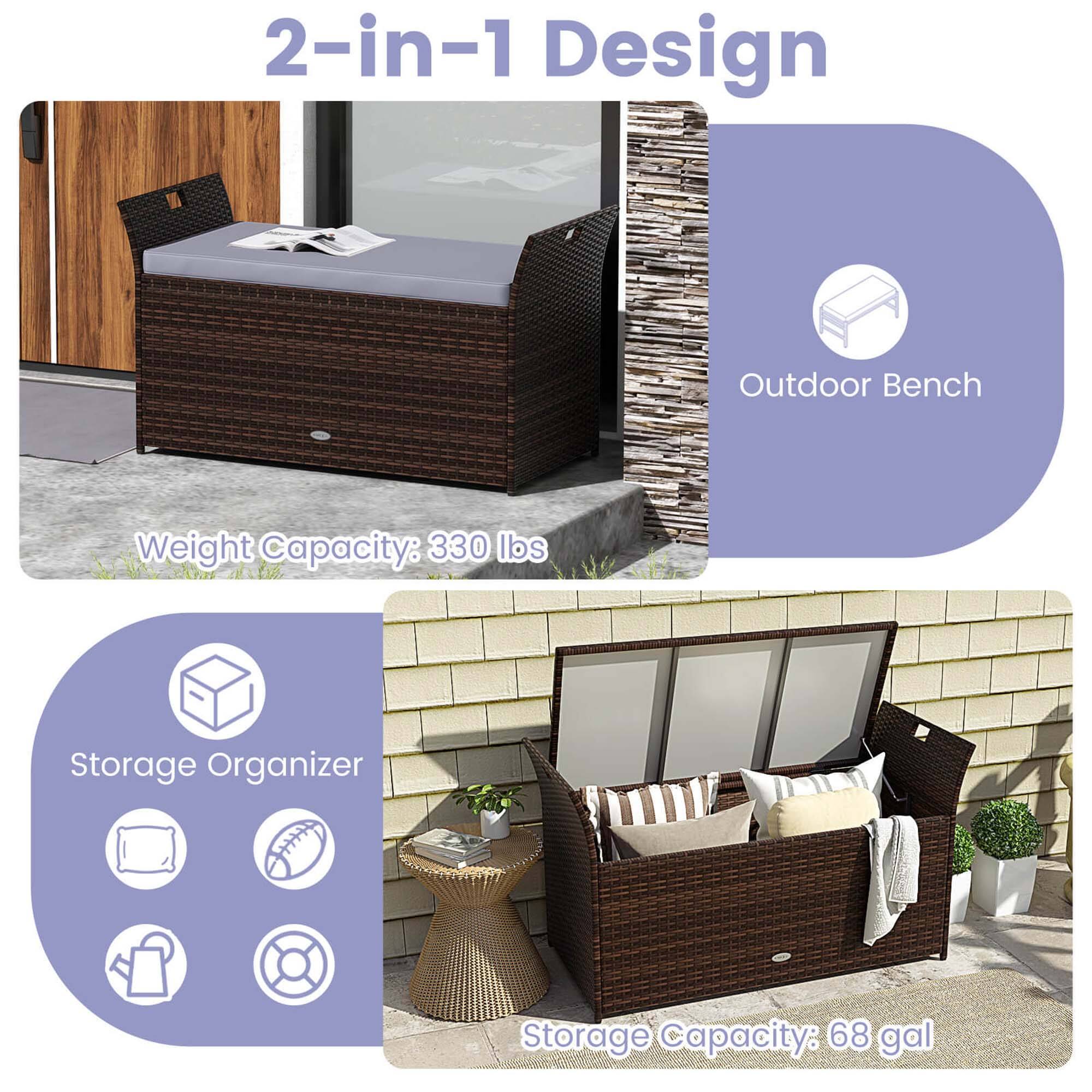 2-in-1 Design
Outdoor Bench
Weight Capacity: 330 lbs
Storage Organizer
Storage Capacity: 68 gal