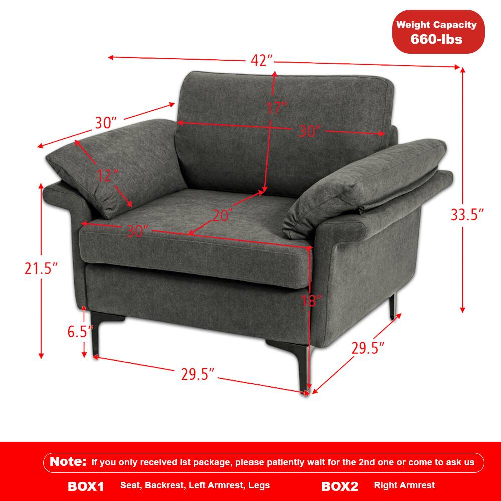 42" Weight Capacity 660-lbs  
30" 17" 30" 12" 30" 20% 33.5" 21.5" 18" 6.5" 29.5" 29.5"  

Note: If you only received the 1st package, please patiently wait for the 2nd one or come to ask us  
BOX1 Seat, Backrest, Left Armrest, Legs  
BOX2 Right Armrest