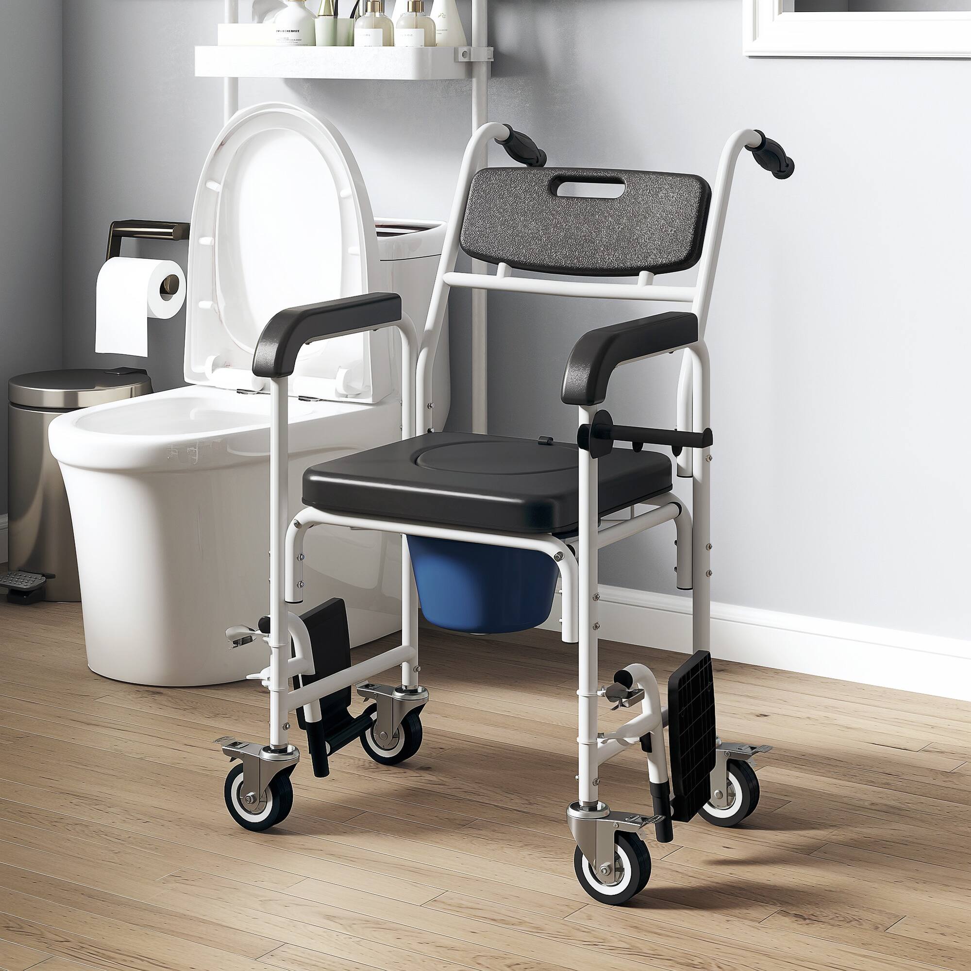 Alt View 1. Homcom - Shower Wheelchair for Seniors, Bedside Commode Chair with Locking Wheels, Seat, Backrest - Black.