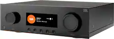 The text on the image reads: "INPUT BACK HDMI 1 Vol. s0 Auto 7.1 Dolby Atmos Dolby TrueHD MENU DIM SURROUND JBL 5 salo to Surn tumbeyond tumn beyond safeto anfe 8 " sm beyond uoac um " g safe ajas = e puolg tum w ages D VOLUME MA7100HP."