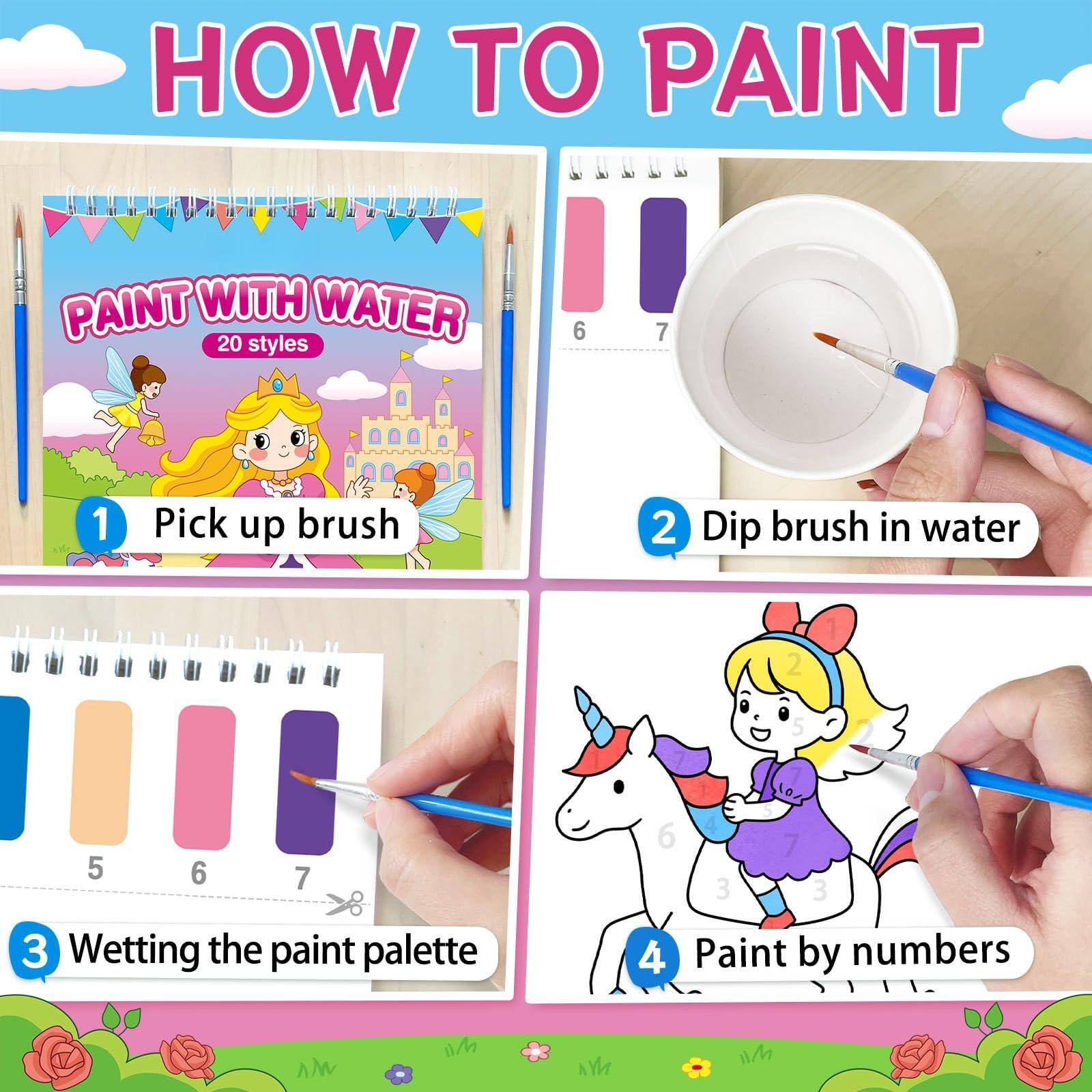 Sure, here is the corrected and grouped text from the image:

---

**HOW TO PAINT**

1. **Pick up brush**

2. **Dip brush in water**

3. **Wetting the paint palette**

4. **Paint by numbers**

---

**PAINT WITH WATER**

20 styles

---

**1. Pick up brush**

**2. Dip brush in water**

**3. Wetting the paint palette**

**4. Paint by numbers**