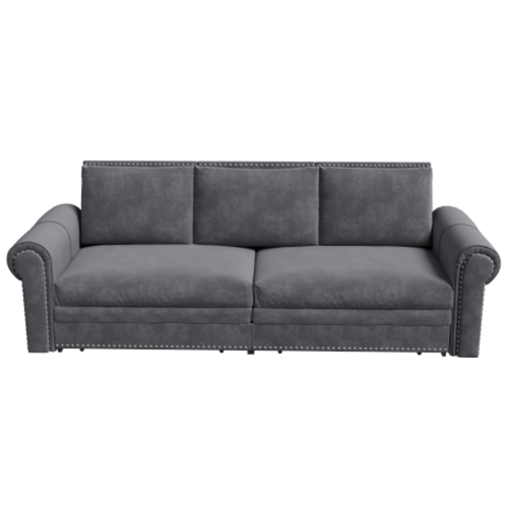 Alt View 3. LUCKY ONE - 93.7" Pull-Out Velvet Chesterfield Sofa Bed King Sleeper 3-in-1 w/ Nailhead Trim - Grey.