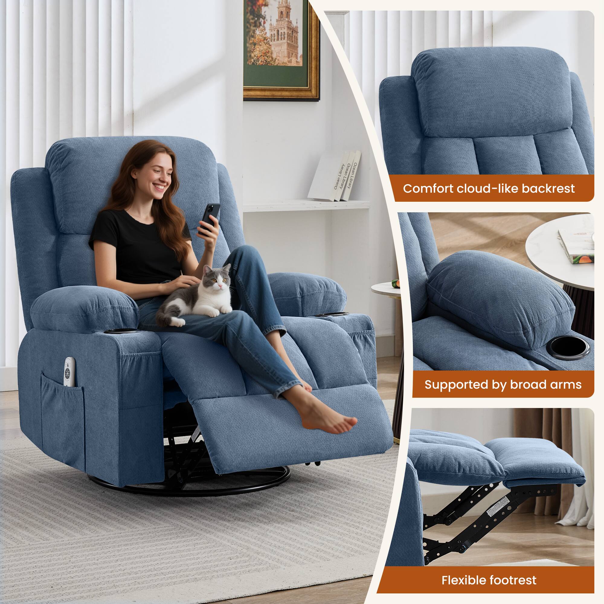 Laney Clam  
- Comfort cloud-like backrest  
- Supported by broad arms  
- Flexible footrest