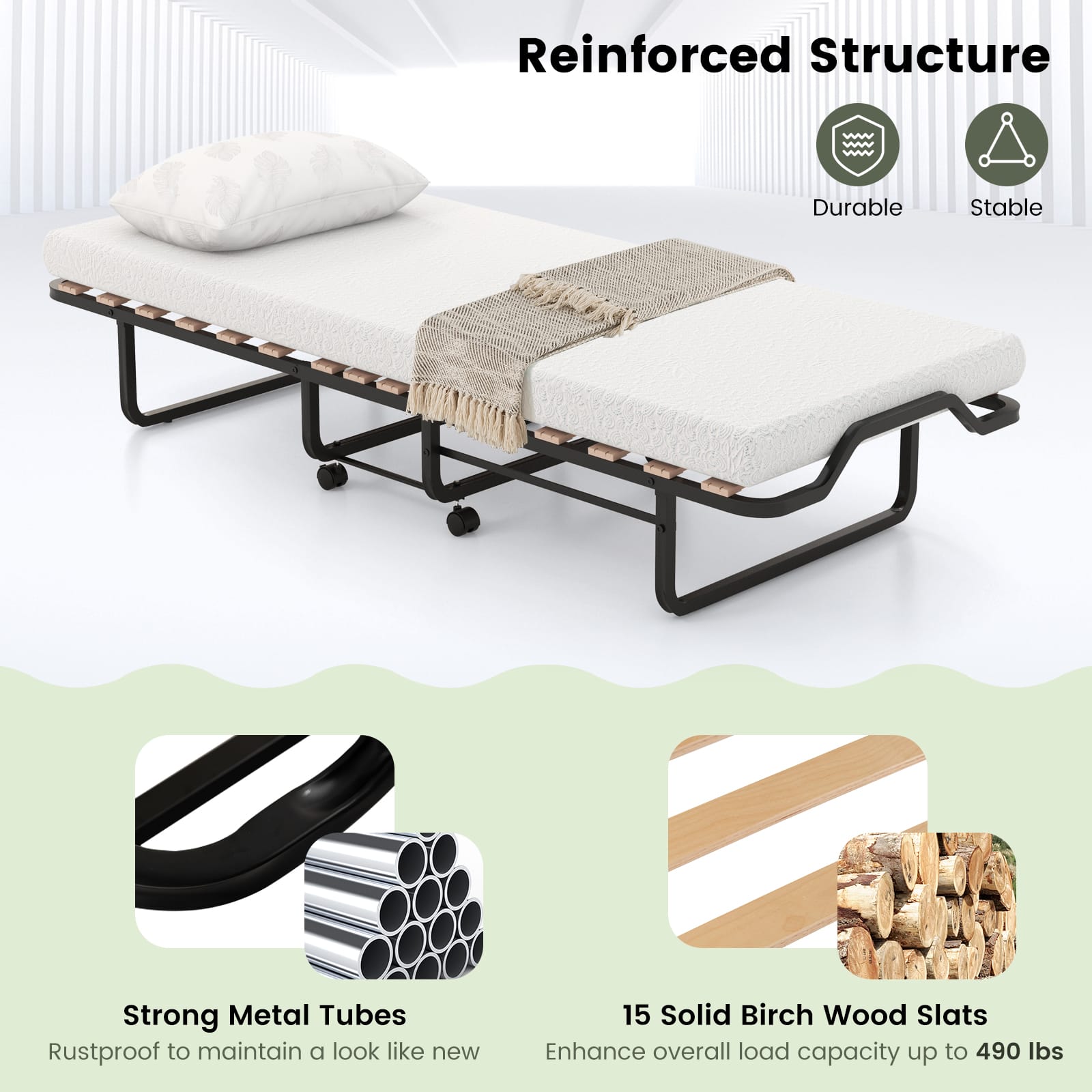 Gymax Portable Foldable Guest Bed w/ Solid Wood Slats & Metal