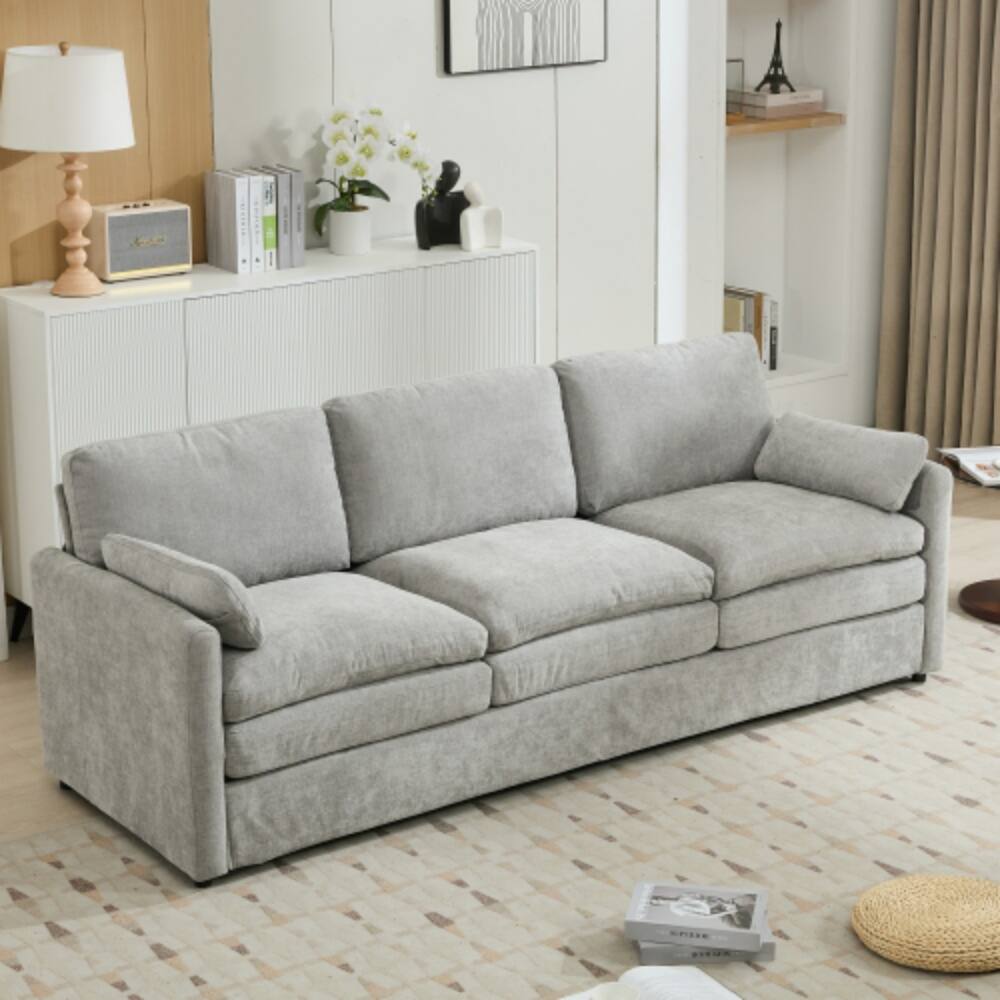 Angle. LUCKY ONE - 89" Oversized 3-Seater Cloud Sofa Cozy Upholstered w/ Double Cushion Lumbar Pillow - LIGHT GREY.