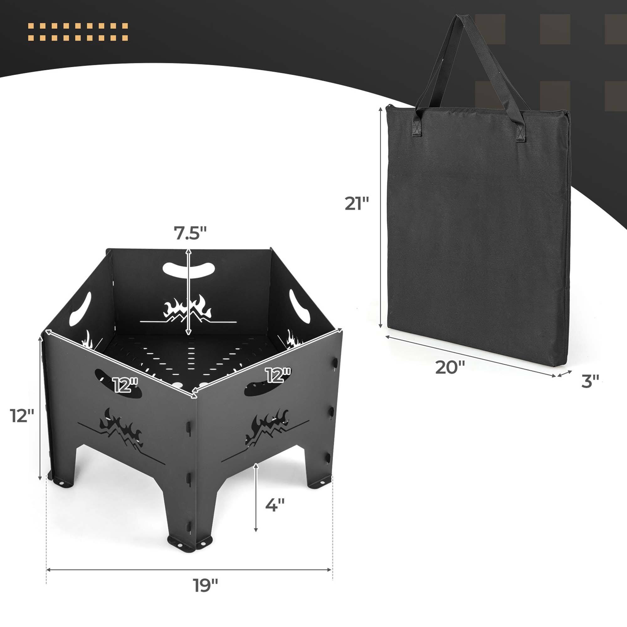 The image features a black bag and a black table. The bag is 20 inches tall, and the table is 19 inches tall. The table also has a 7.5-inch diameter.
