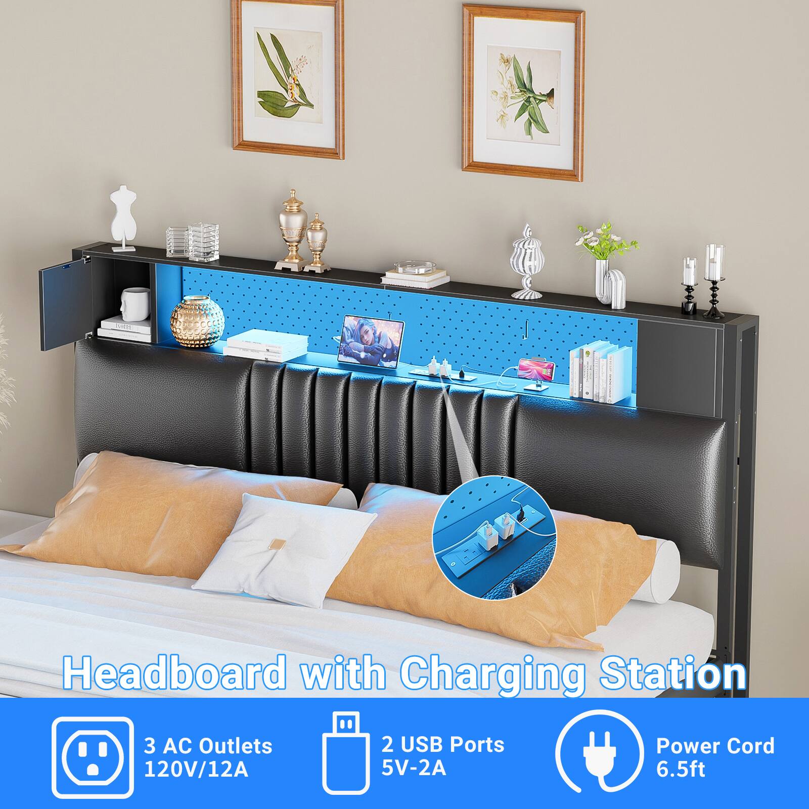 Headboard with Charging Station  
3 AC Outlets 120V/12A  
2 USB Ports 5V-2A  
Power Cord 6.5ft