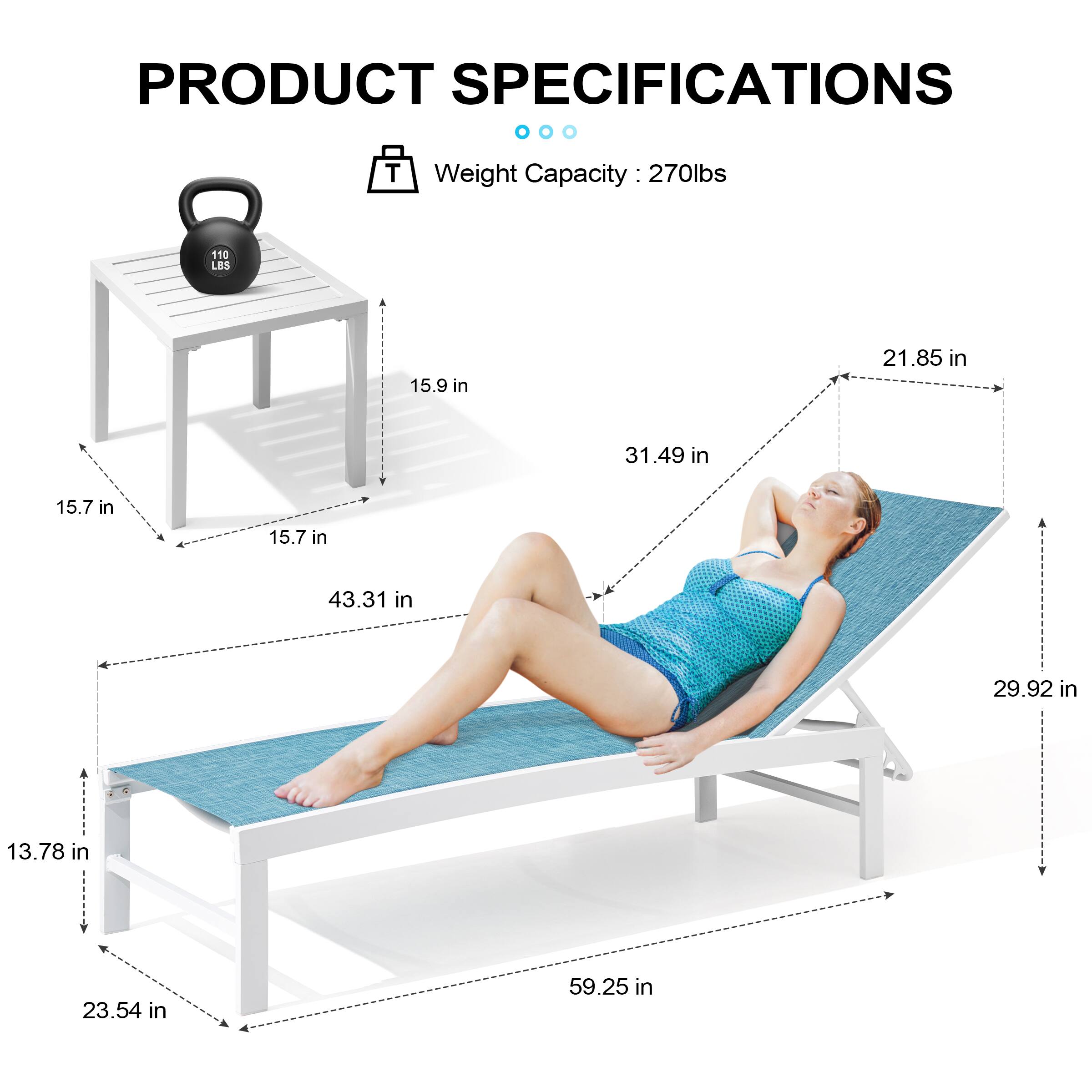 PRODUCT SPECIFICATIONS

Weight Capacity: 270lbs

- 15.9 in
- 15.7 in
- 15.7 in
- 31.49 in
- 43.31 in
- 21.85 in
- 29.92 in
- 13.78 in
- 23.54 in
- 59.25 in