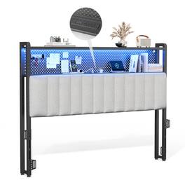 Winado - Queen Size Adjustable Upholstered Headboard Only with 2 Tier Shelves and Pegboard with Charging Stations and LED Lights - Linen & Light Gray