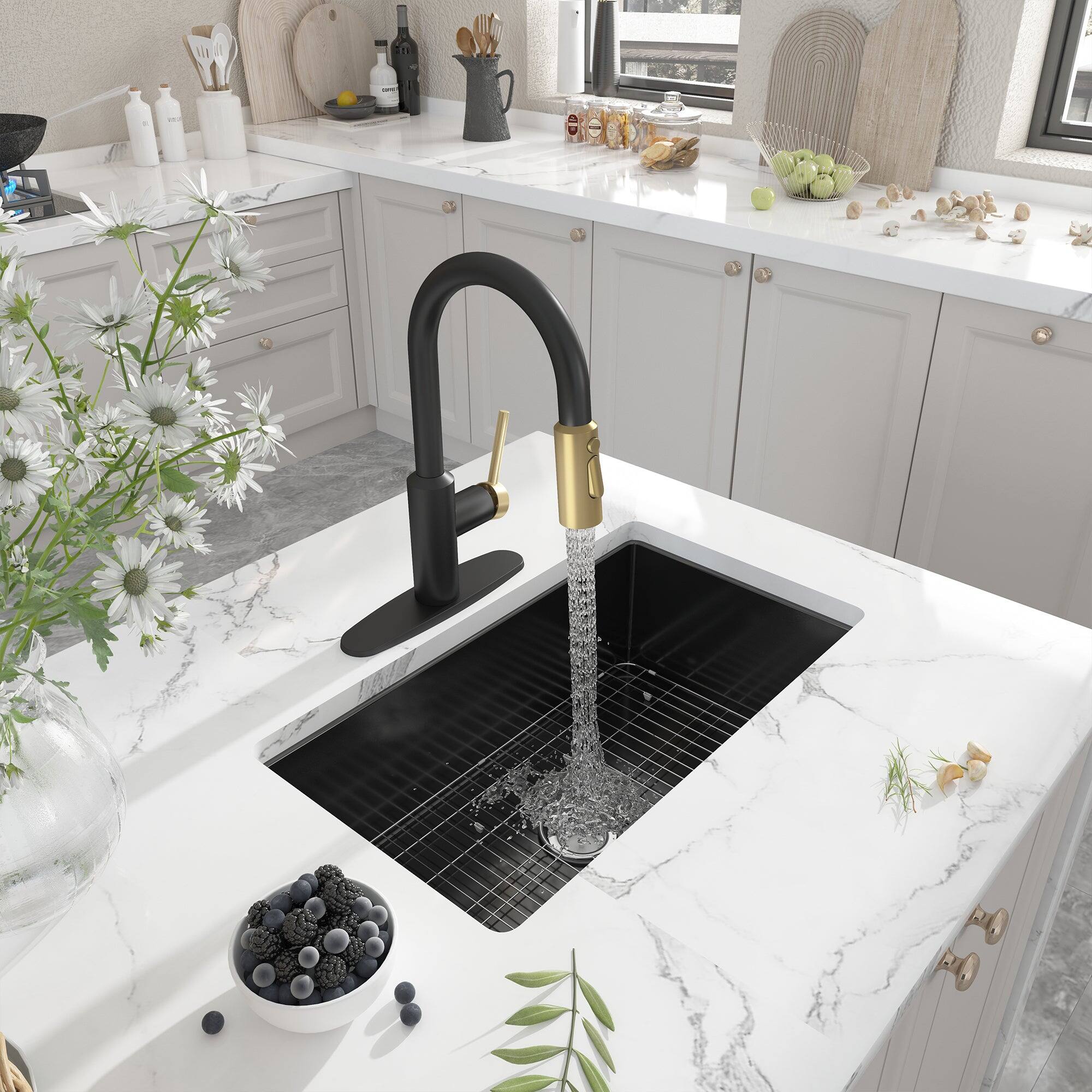 Alt View 9. Boyel Living - 3-Spray Patterns 1.8 GPM Single Handle Pull Down Sprayer Kitchen Faucet with Deckplate in Matte Black and Brushed Gold - Matte Black and Brushed Gold.
