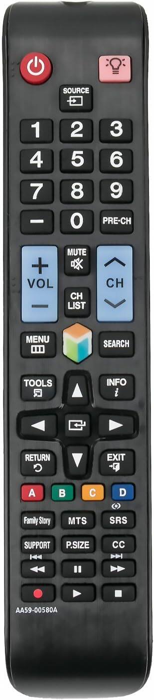 SOURCE 1 2 3 4 5 6 7 8 9 PRE-CH + VOL - MUTE CH LIST CH MENU ... SEARCH TOOLS INFO RETURN EXIT - A B C D Family Story MTS SRS SUPPORT P.SIZE CC AA59-00580A