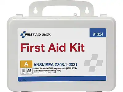 FIRST AID ONLY.
91324 First Aid Kit
ANSI/ISEA Z308.1-2021
Meets federal OSHA requirement 29 CFR 1910.151(b).
State requirements may vary.
Type A
25 Premises