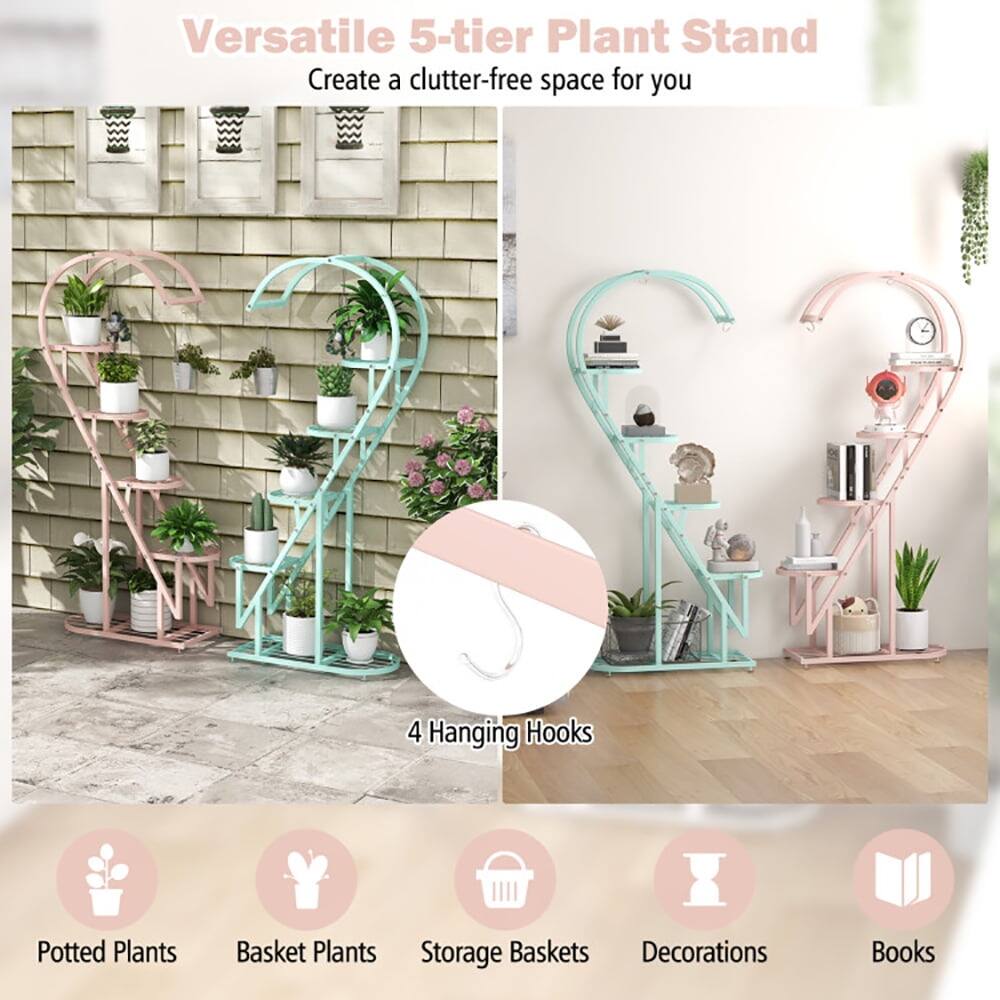 Versatile 5-tier Plant Stand  
Create a clutter-free space for you  

4 Hanging Hooks  

Potted Plants  
Basket Plants  
Storage Baskets  
Decorations  
Books
