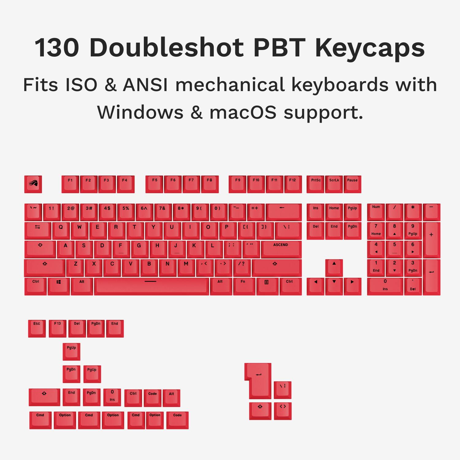 130 Doubleshot PBT Keycaps Fits ISO & ANSI mechanical keyboards with Windows & macOS support. F1 F2 F3 4 FS 1. E. .. F.  1m  P1Se Seria Pante - 11 20 38 4S % SA 7E . 9 D1 I .. - is Iamme Pgup Noum / . = Q I E R T Y u I O P CI IL \I . ina Pgn 7 nm a . 9 Pgrip + A S D F G H  K L - .. ASCINO 4 + 5 6 . o Z x C V D N M 4 : /7 1 n 2 . 3 Pd - en 11 AR a Fe n    iE Esc 13 DE ingon ind Pyuip Pydn PgUp Fnd Pgon 3 - Can Cadde T C Sprian Cm Opros C Opton dad