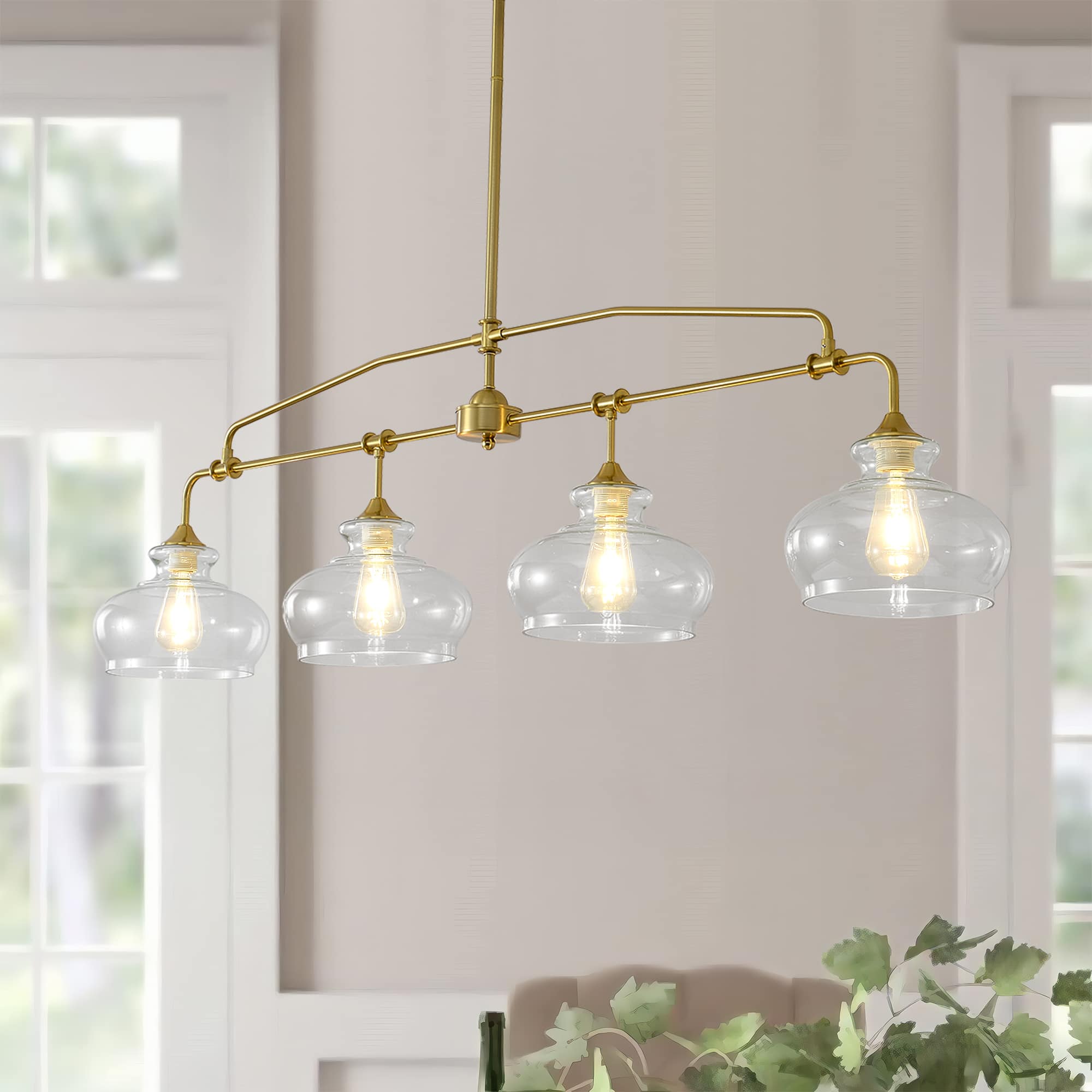 RYHNUYNE - 4-Light Adjustable Kitchen Island Pendant Light with Clear Glass Shades Farmhouse Chandelier for Dining Table - Brass