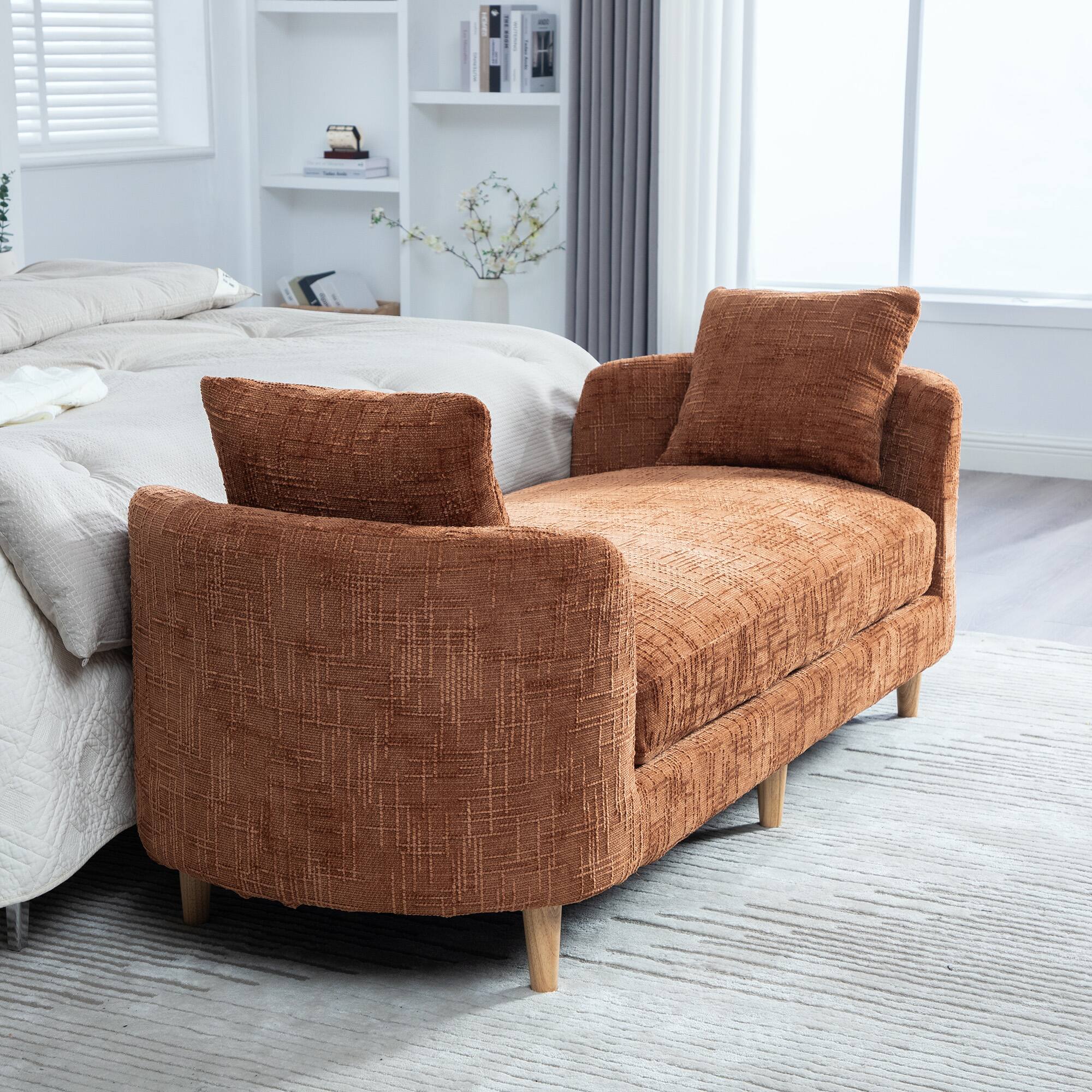 Left. Ropilly - Ropilly Orange Upholstered End of Bed Bench Chenille Chaise Lounge Couch Backless Daybed with Armrests - Orange.