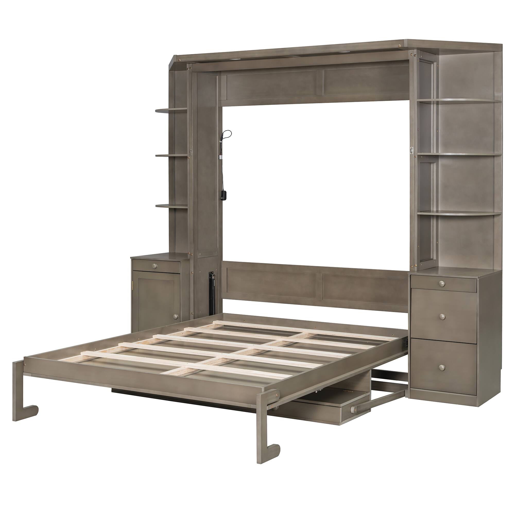 Angle. Whisen - Queen Size Murphy Bed with Desk and Storage Shelves,Space-Saving Wall Bed for Home Office - Brown.
