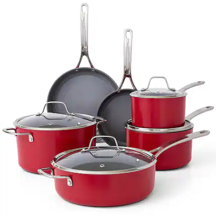 Front. Sur La Table - Sur La Table Angelie 10 Piece Nonstick Ceramic Enameled Aluminum Cookware Set in Matte Brick - Brick.