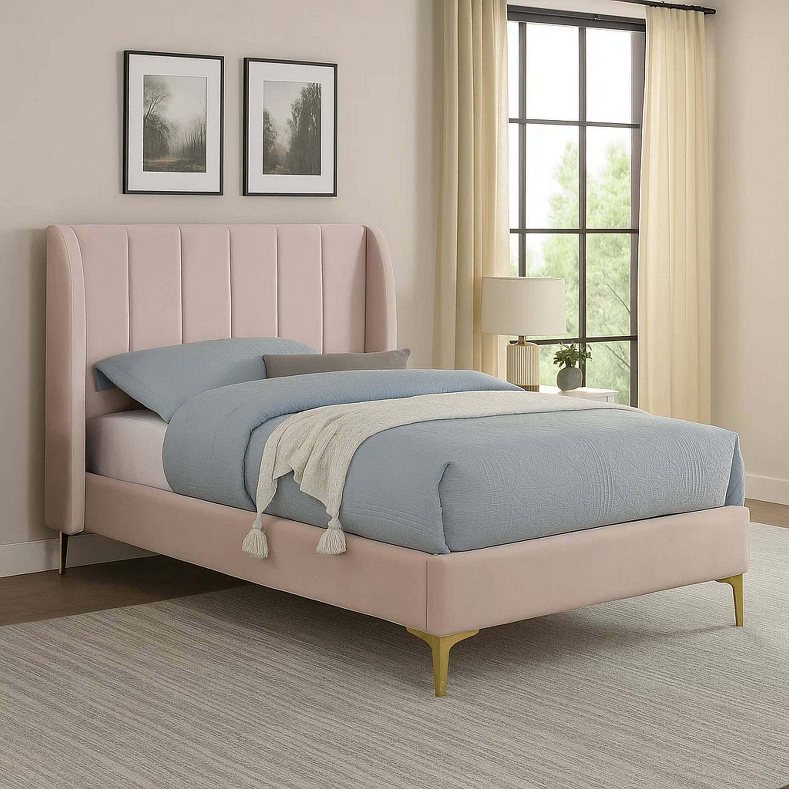 Alt View 5. Manhattan Lane - Pevy Twin Size Bed, Tufted Wingback in Light Pink Velvelike Upholstery - Pink, Gold.