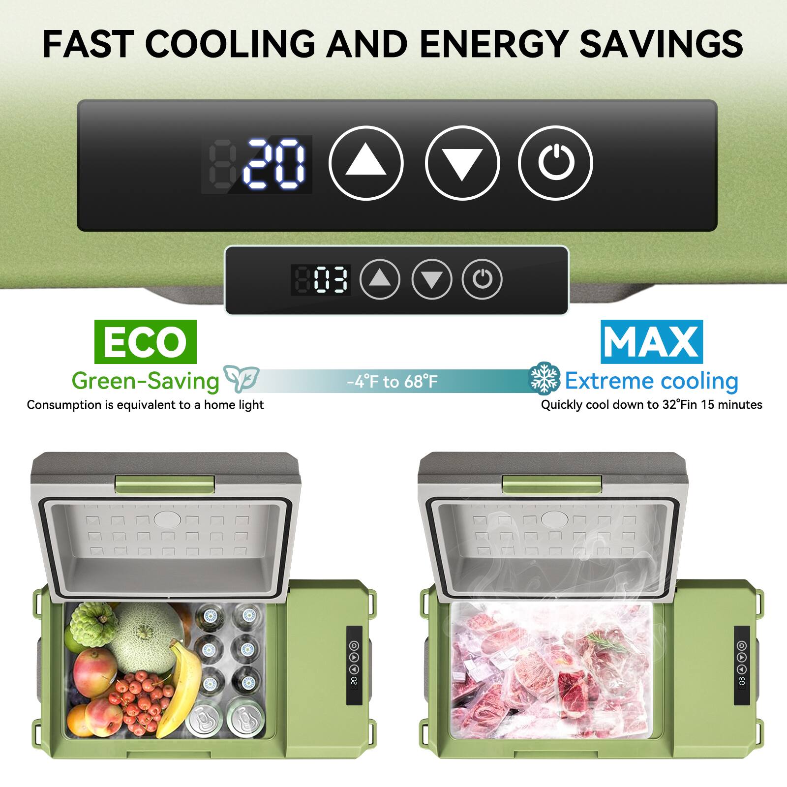 FAST COOLING AND ENERGY SAVINGS

ECO Green-Saving
Consumption is equivalent to a home light
-4°F to 68°F

MAX Extreme cooling
Quickly cool down to 32°F in 15 minutes