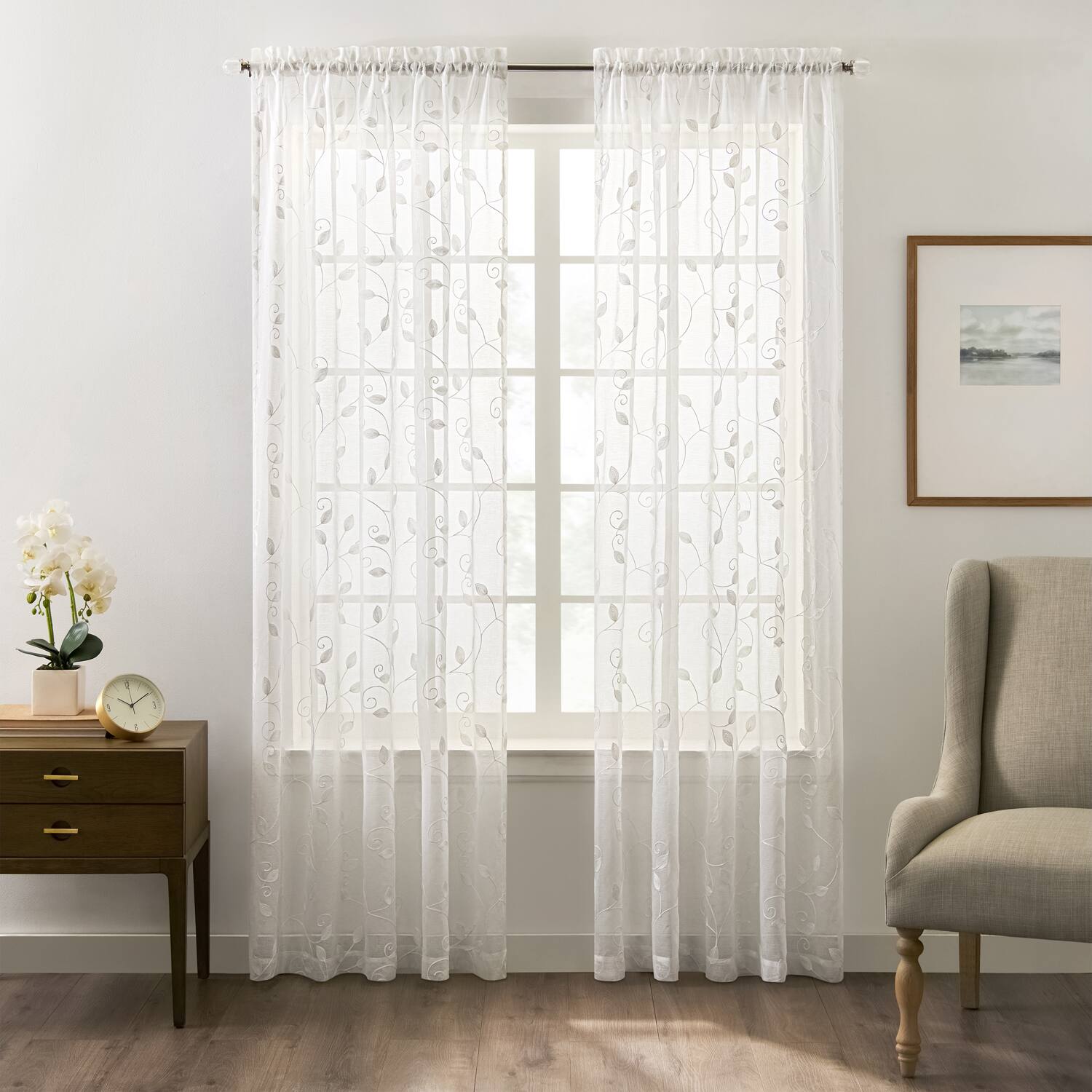 Angle. Ellis Curtain - Ellis Curtain Chatham 100% Polyester Embroidered Sheer Rod Pocket Curtain Panel 52" x 84" White - White.
