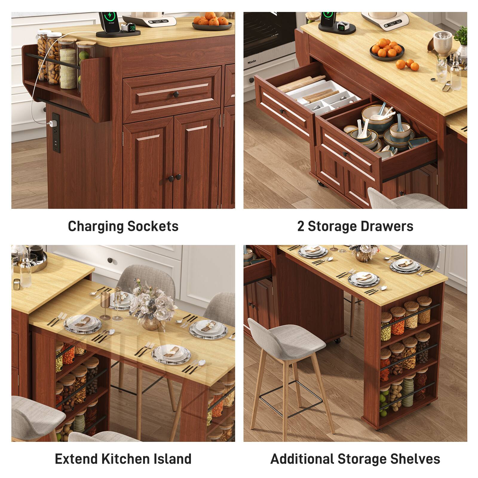 - Charging Sockets
- 2 Storage Drawers
- Extend Kitchen Island
- Additional Storage Shelves