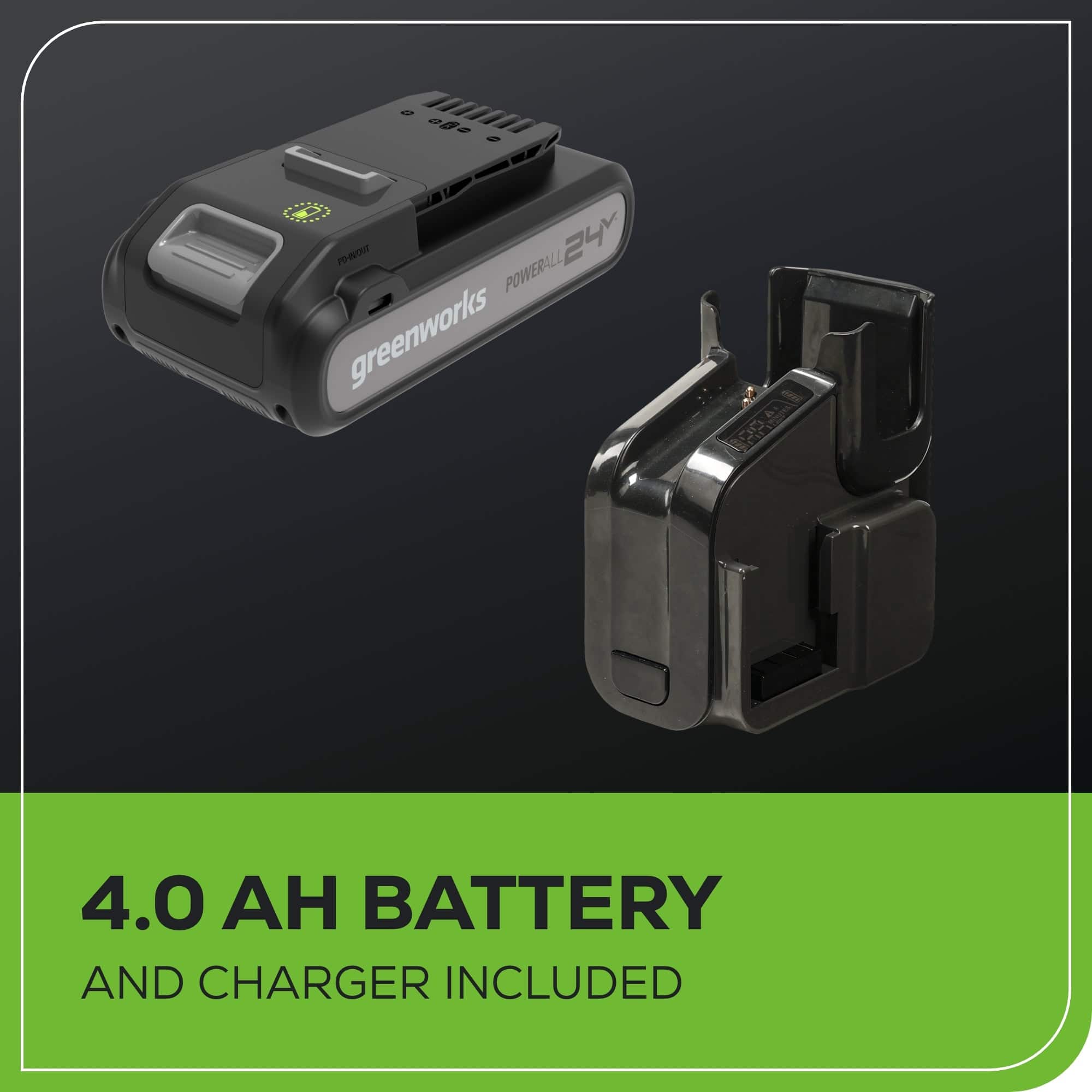The text on the image reads: "080 - PO-WOUT 24 POWERALL greenworks 4.0 BATTERY AND CHARGER INCLUDED."