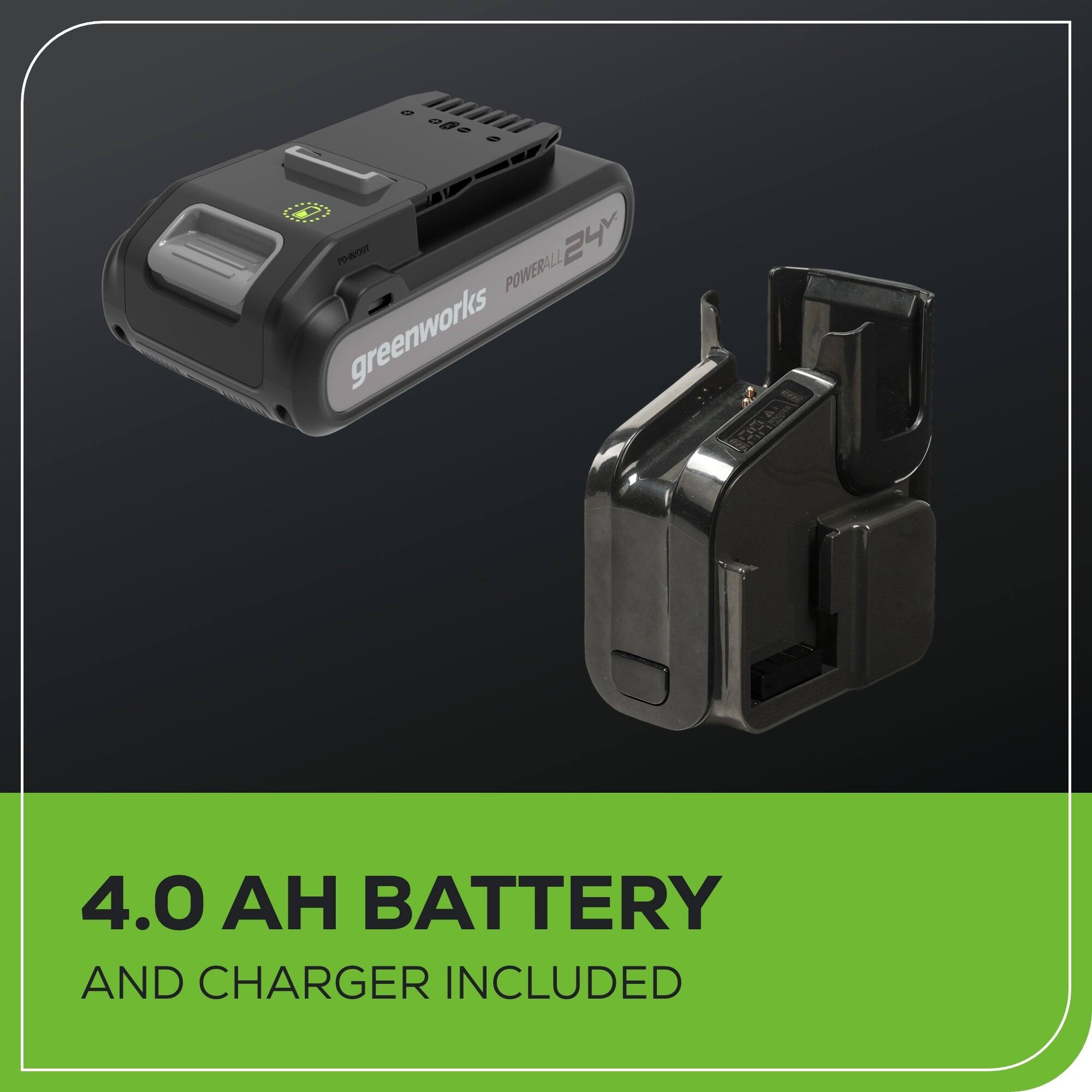 The text on the image reads: "080 - PO-WOUT 24 POWERALL greenworks 4.0  BATTERY AND CHARGER INCLUDED."