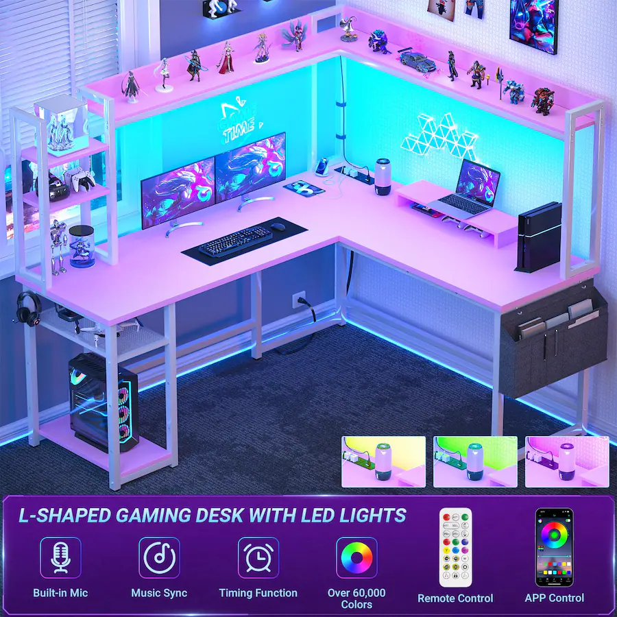 Aheaplus Gaming L Desk With Power Outlets, LED Lights & Storage ...