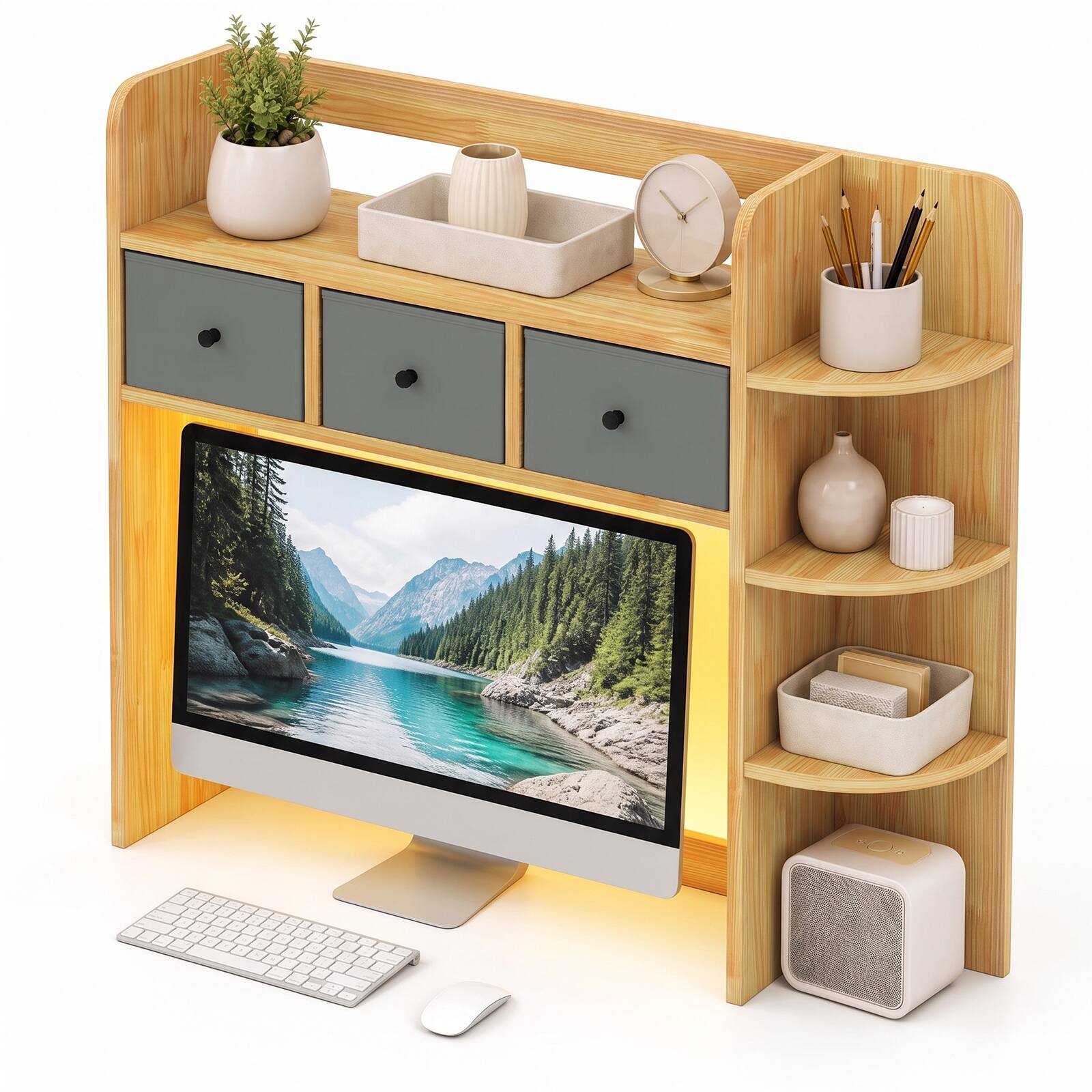 Alt View 9. Costway - Costway Desktop Bookshelf, Countertop Hutch Organizer with LED Lights, 5-Tier Shelves - Natural.