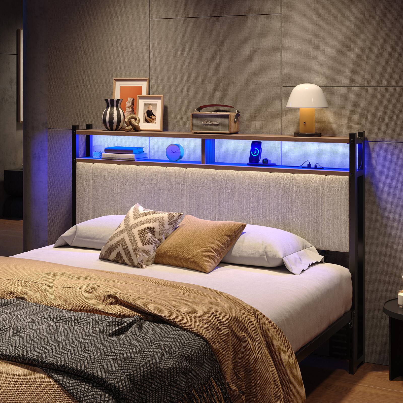 Angle. Pinmoco - Pinmoco - Linen Upholstered Storage Headboard LED Headboard with Charging Station - Beige.