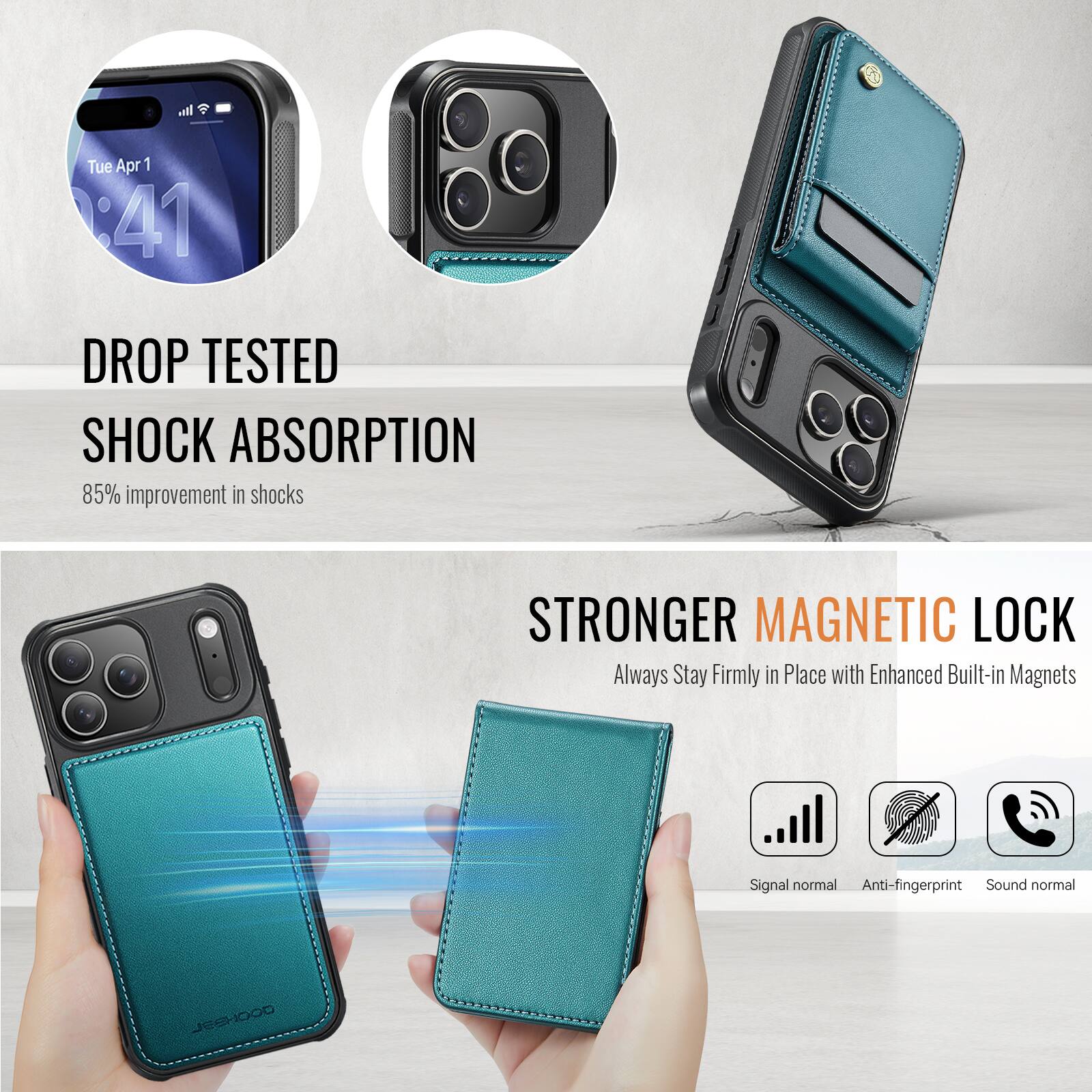 Tue Apr 1 4:41 DROP TESTED SHOCK ABSORPTION 85% improvement in shocks STRONGER MAGNETIC LOCK Always Stay Firmly in Place with Enhanced Built-in Magnets Signal normal Anti-fingerprint Sound normal