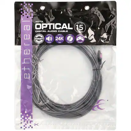 **TM MHX-T15**
**OPTICAL DIGITAL AUDIO CABLE**
- **49.2 FEET (15 METERS)**
- **DVD**
- **BLU-RAY**
- **GAMING SYSTEM**
**LIFETIME WARRANTY**
**DIGITAL AUDIO**
**GOLD 24K TIPS**
**ethereal**
**Warning:** To avoid damage or connection keep this plastic bag away from babies and children. Keep this bag in its original packaging. This bag is not a toy.
**ethereal**