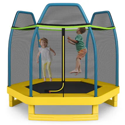 Front. Kadyn - 7 Feet Kids Recreational Bounce Jumper Trampoline-Yellow, Trampoline with Enclosure, Great Mini Trampoline.