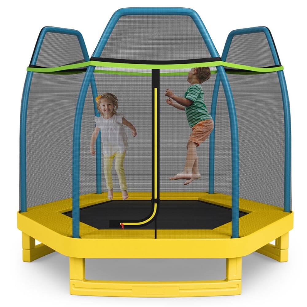 Front. Kadyn - 7 Feet Kids Recreational Bounce Jumper Trampoline-Yellow, Trampoline with Enclosure, Great Mini Trampoline.