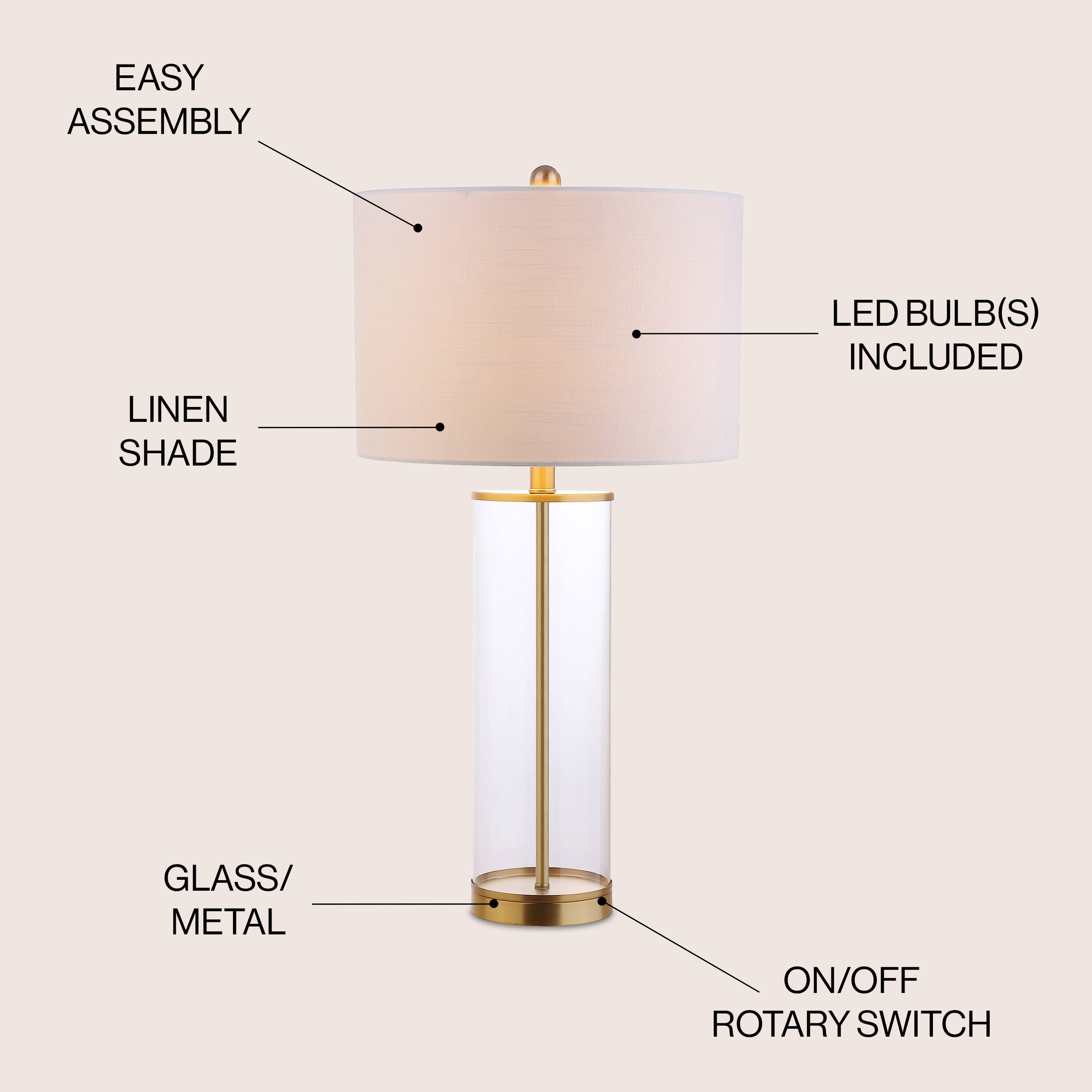 - Easy Assembly
- Linen Shade
- LED Bulb(s) Included
- Glass/Metal
- On/Off Rotary Switch