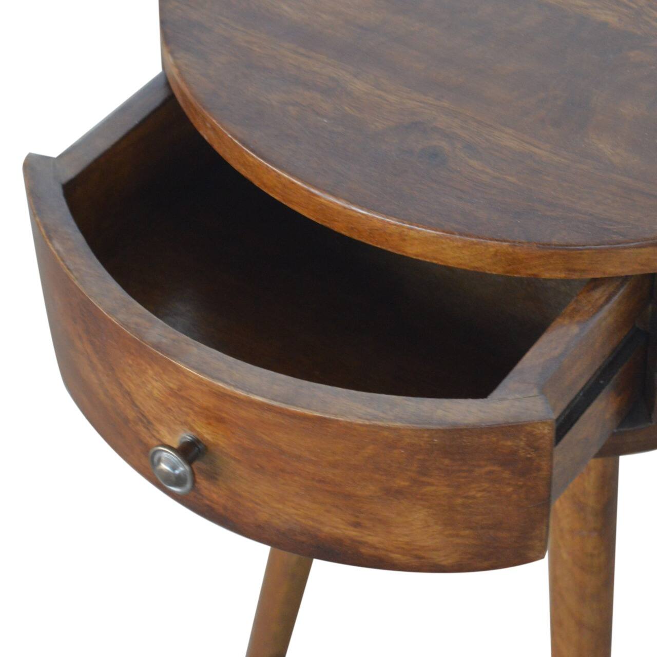 Alt View 2. Artisan Furniture - Artisan Furniture Solid Wood Nordic Chestnut Circular Nightstand, 1 Drawer, Nordic legs, Dark Brown - Chestnut.
