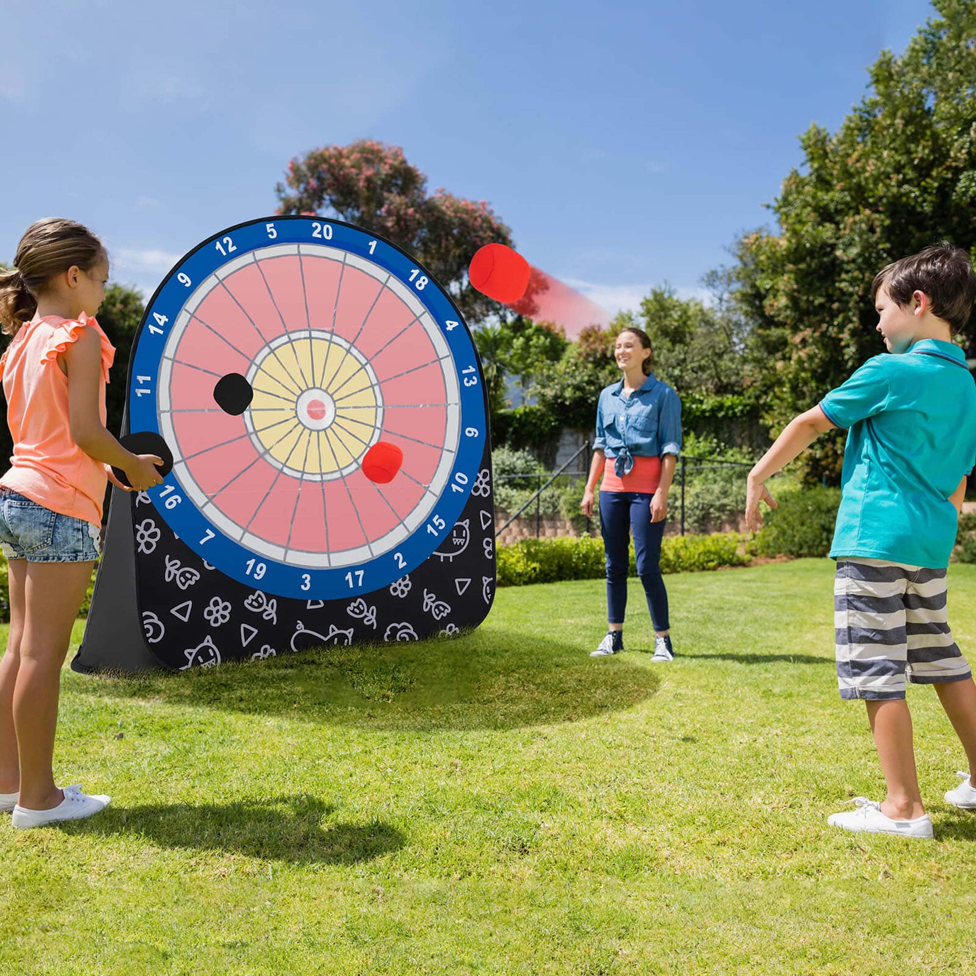Angle. Costway - Large Dart Board for Kids with 4 Kick Balls, Carrying Bag Giant Outdoor Kick Black - Black.